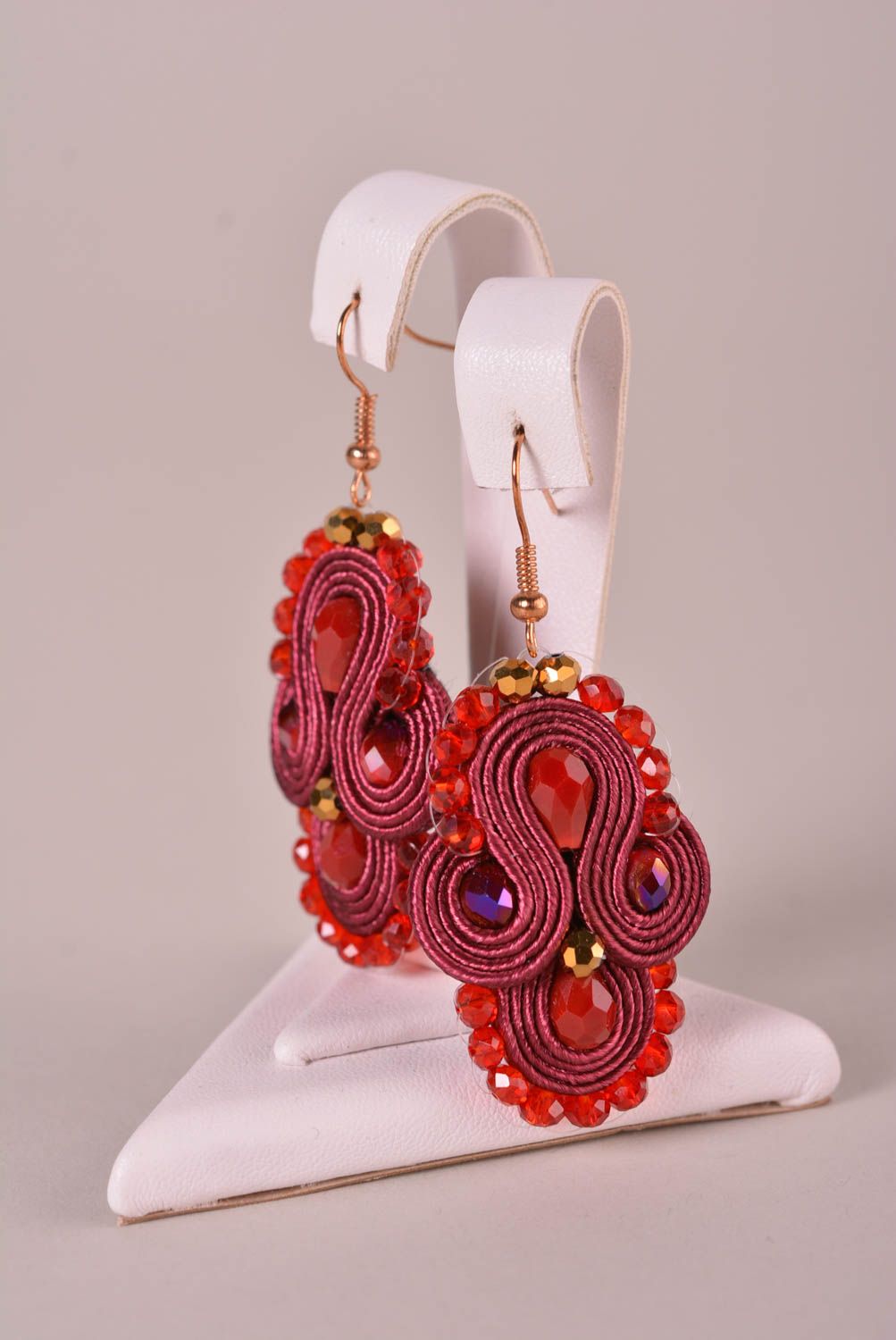 Handmade red jewelry soutache earrings big earrings beaded earrings women gift  photo 1