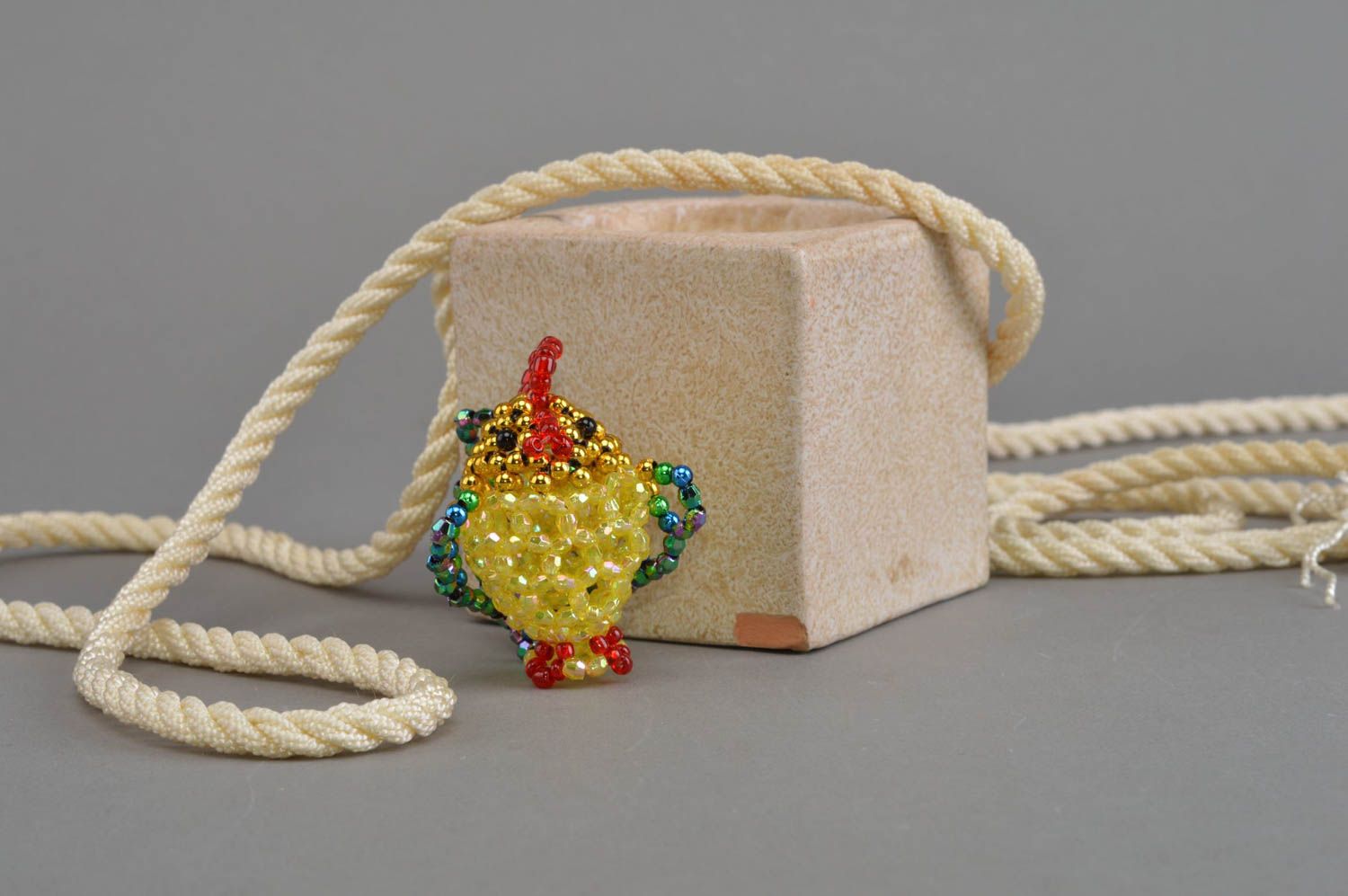 Handmade designer miniature beaded animal figurine of yellow chicken for home photo 1