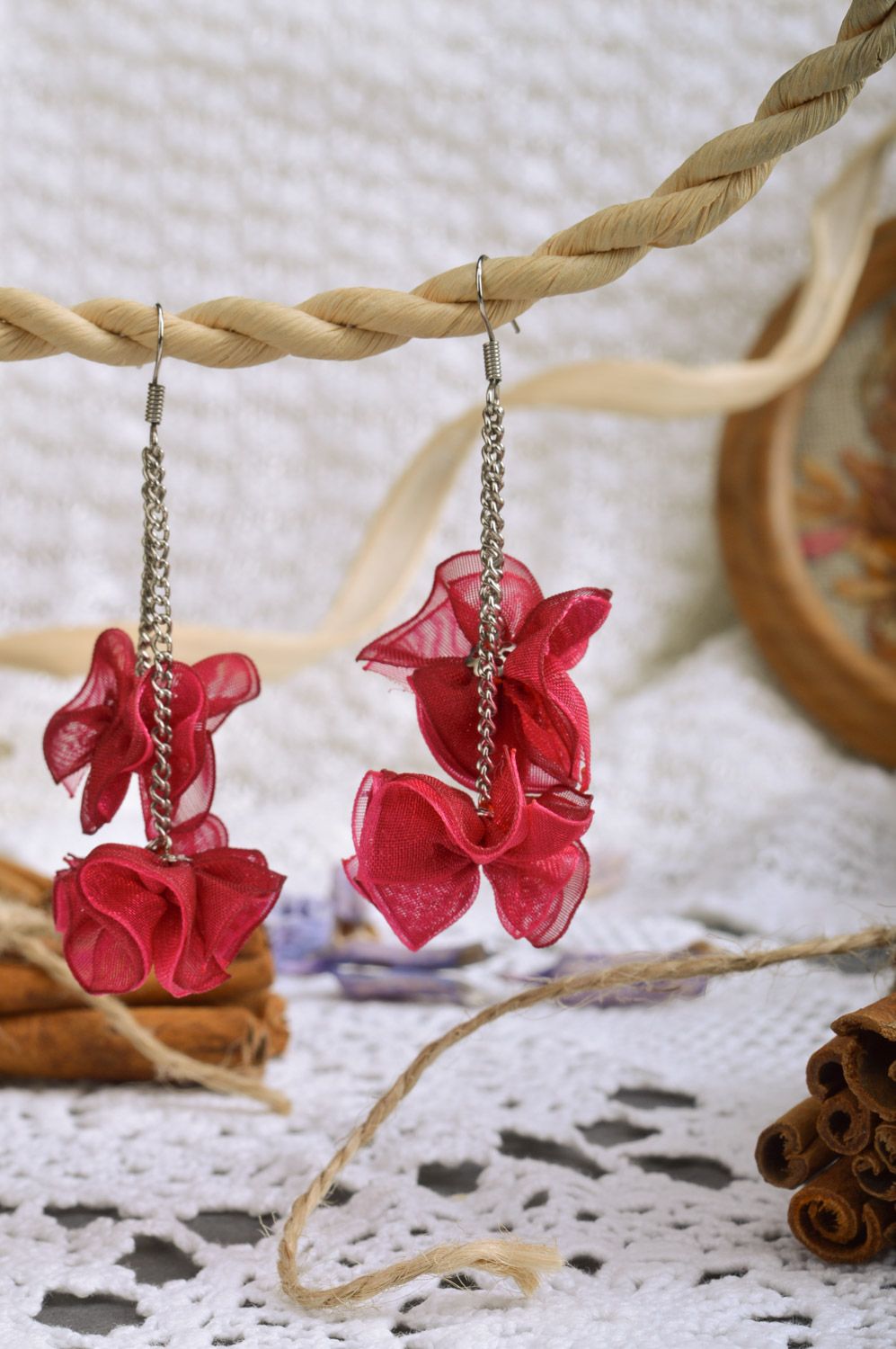 Handmade small cute deep red ribbon dangle earrings gift for girl photo 1