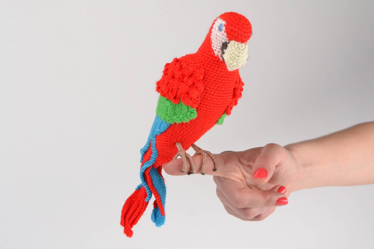 Handmade designer soft toy crocheted of colorful acrylic threads red parrot photo 2
