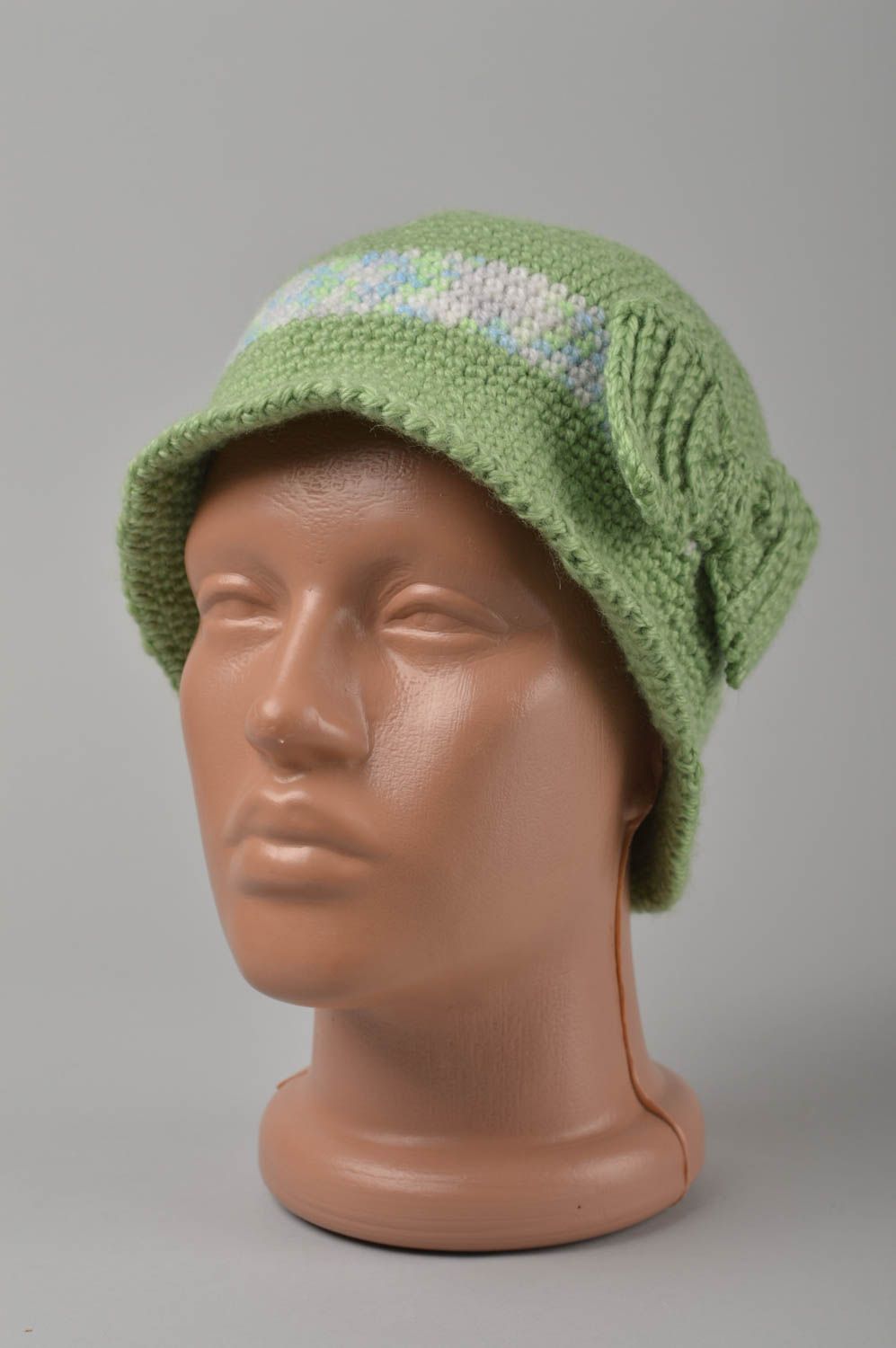 Bonnet tricot fait main Chapeau au crochet vert avec nœud Vêtement enfant photo 1