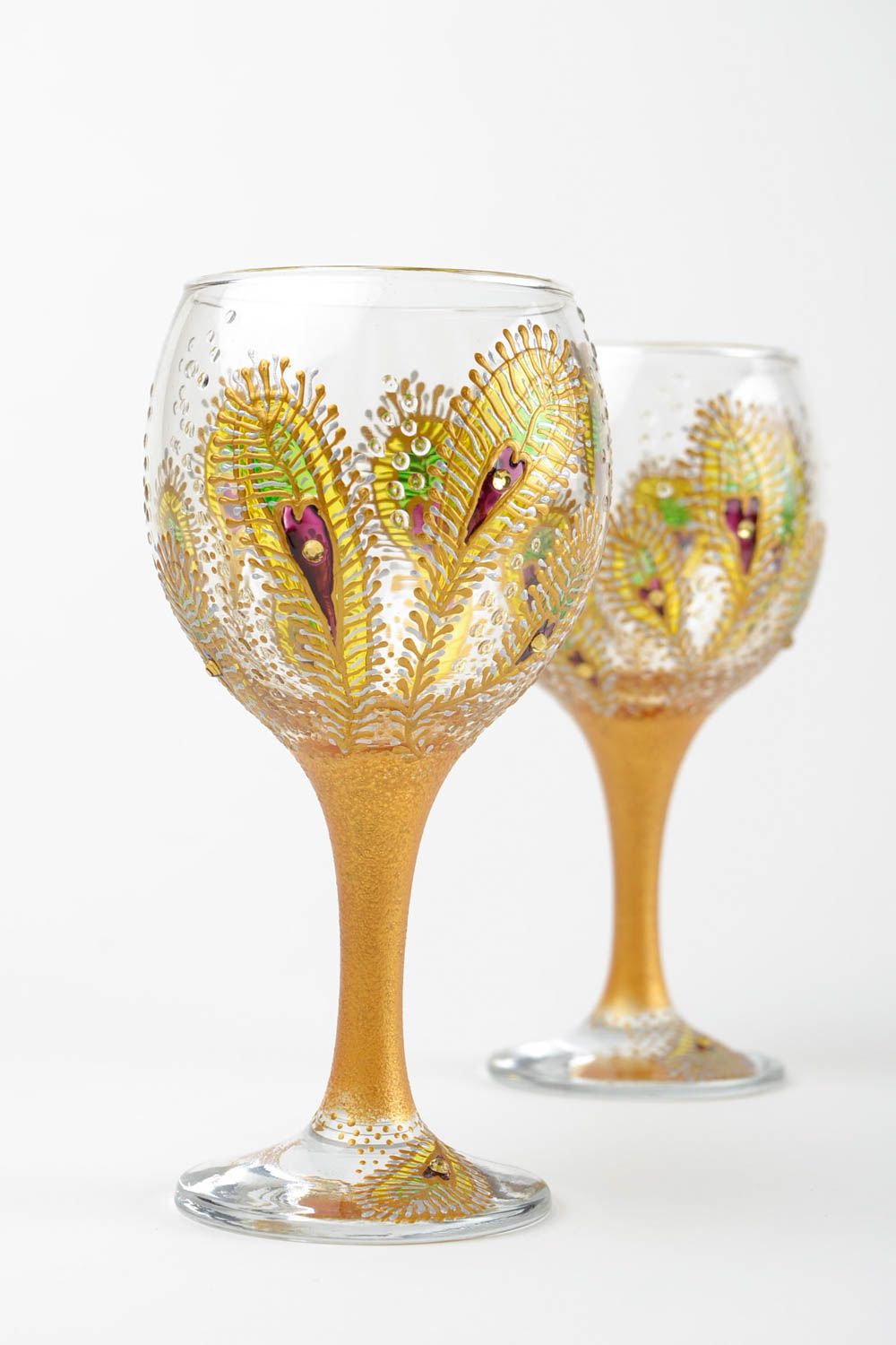 Bemaltes Glas handgemachtes Geschirr Trinkglas farbig Glas mit Fuß schön grell foto 1