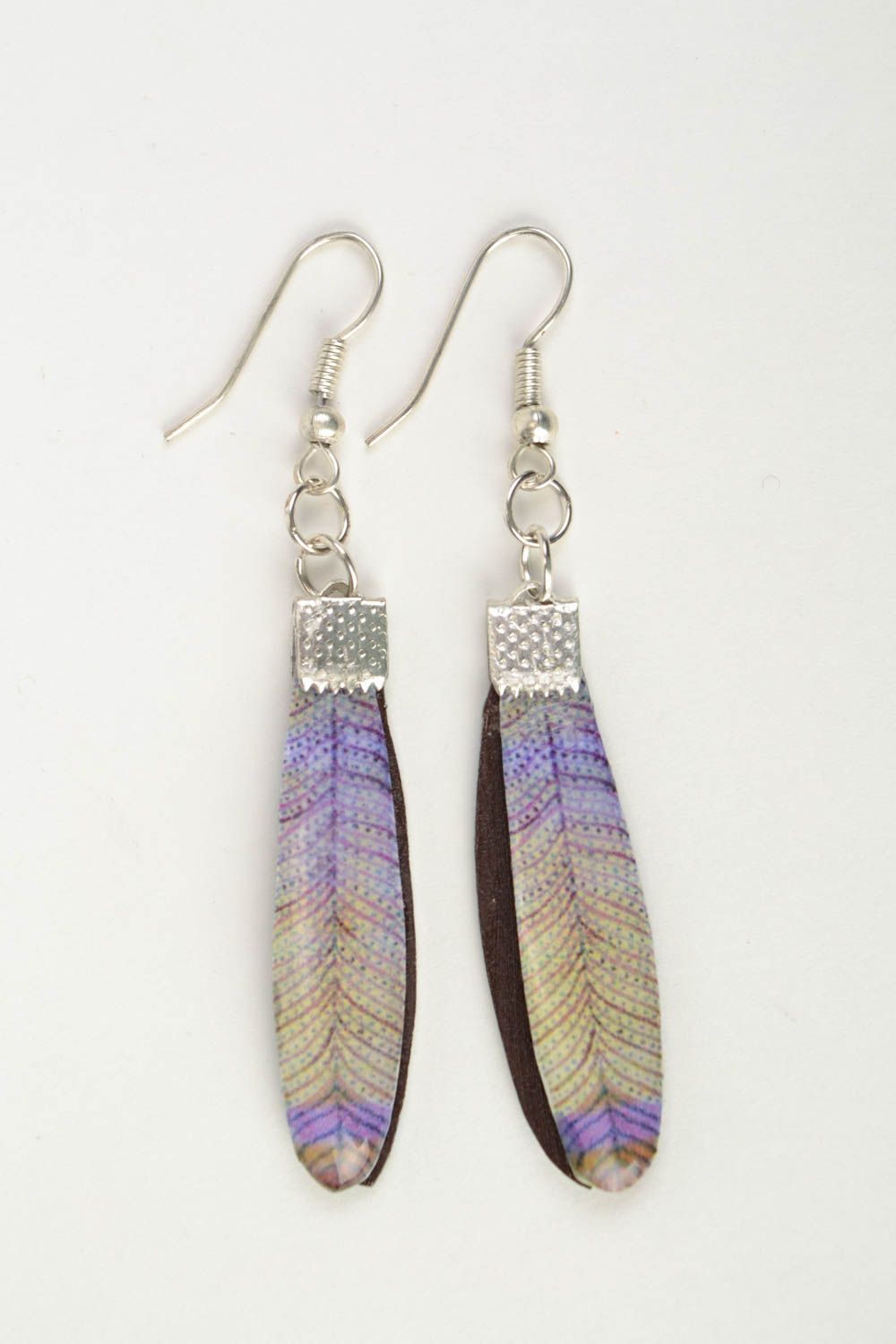 Handmade polymer clay long earrings with jewelry resin Feathers photo 3