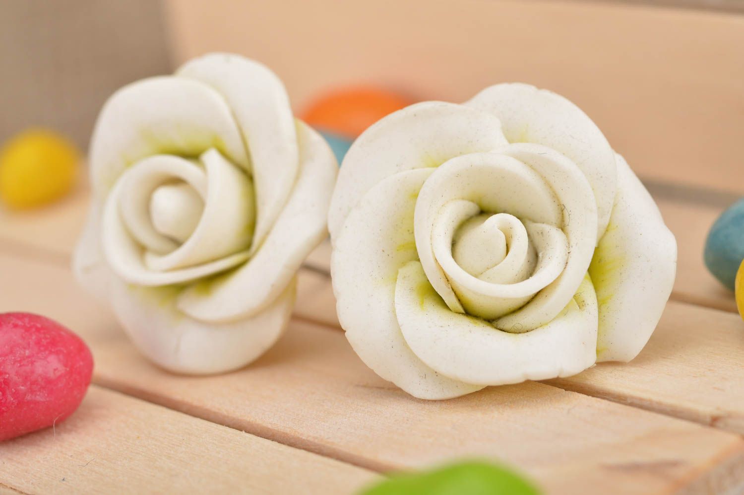 Handmade cute stud earrings made of polymer clay in shape of white roses photo 1