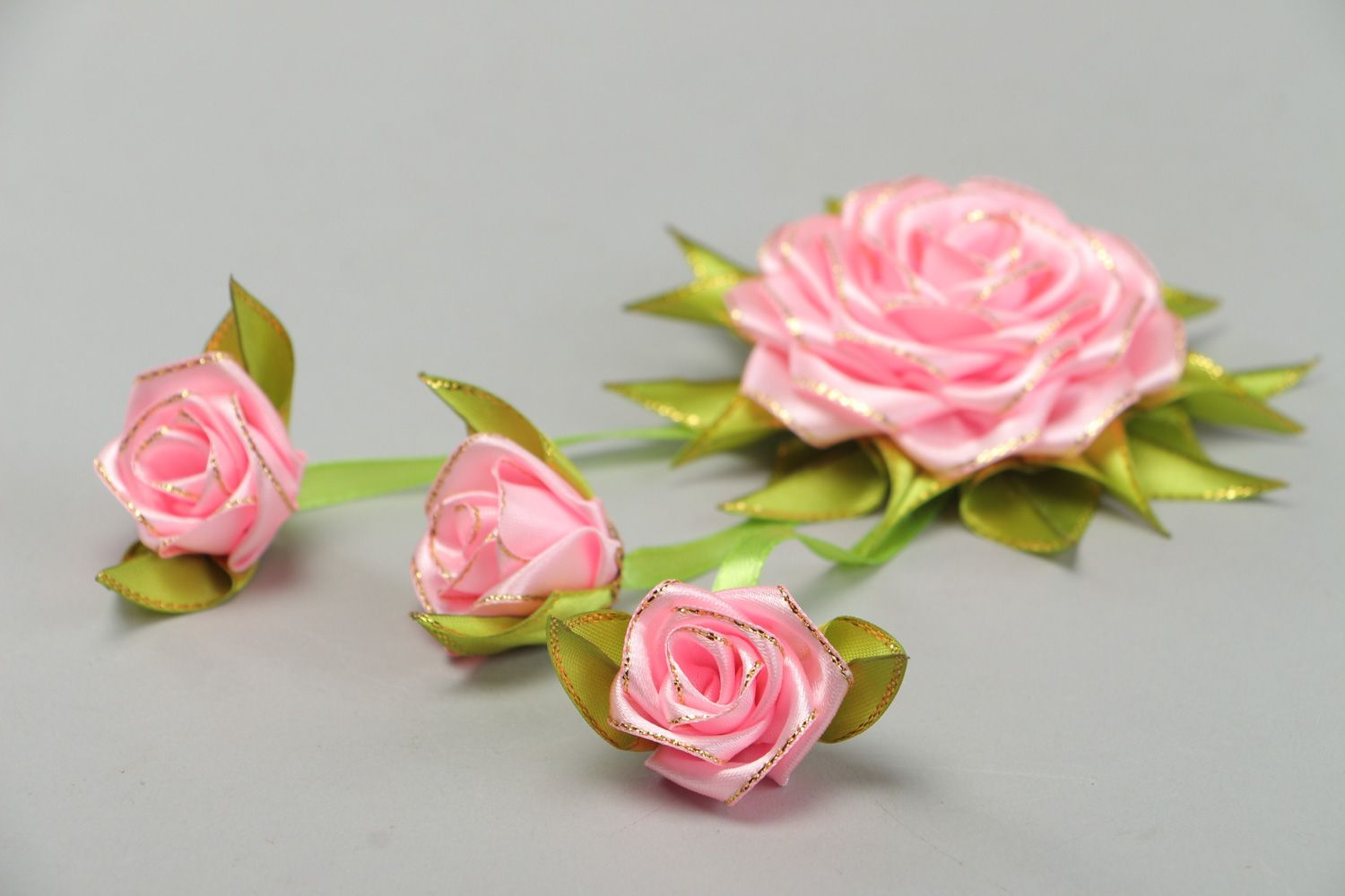 Handmade tender hair clip with satin ribbon kanzashi pink flowers and charms photo 2