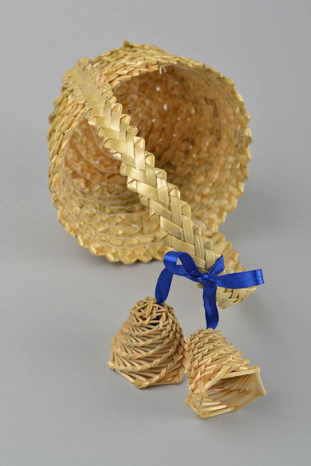 Beautiful small handmade decorative woven straw basket with bells photo 4