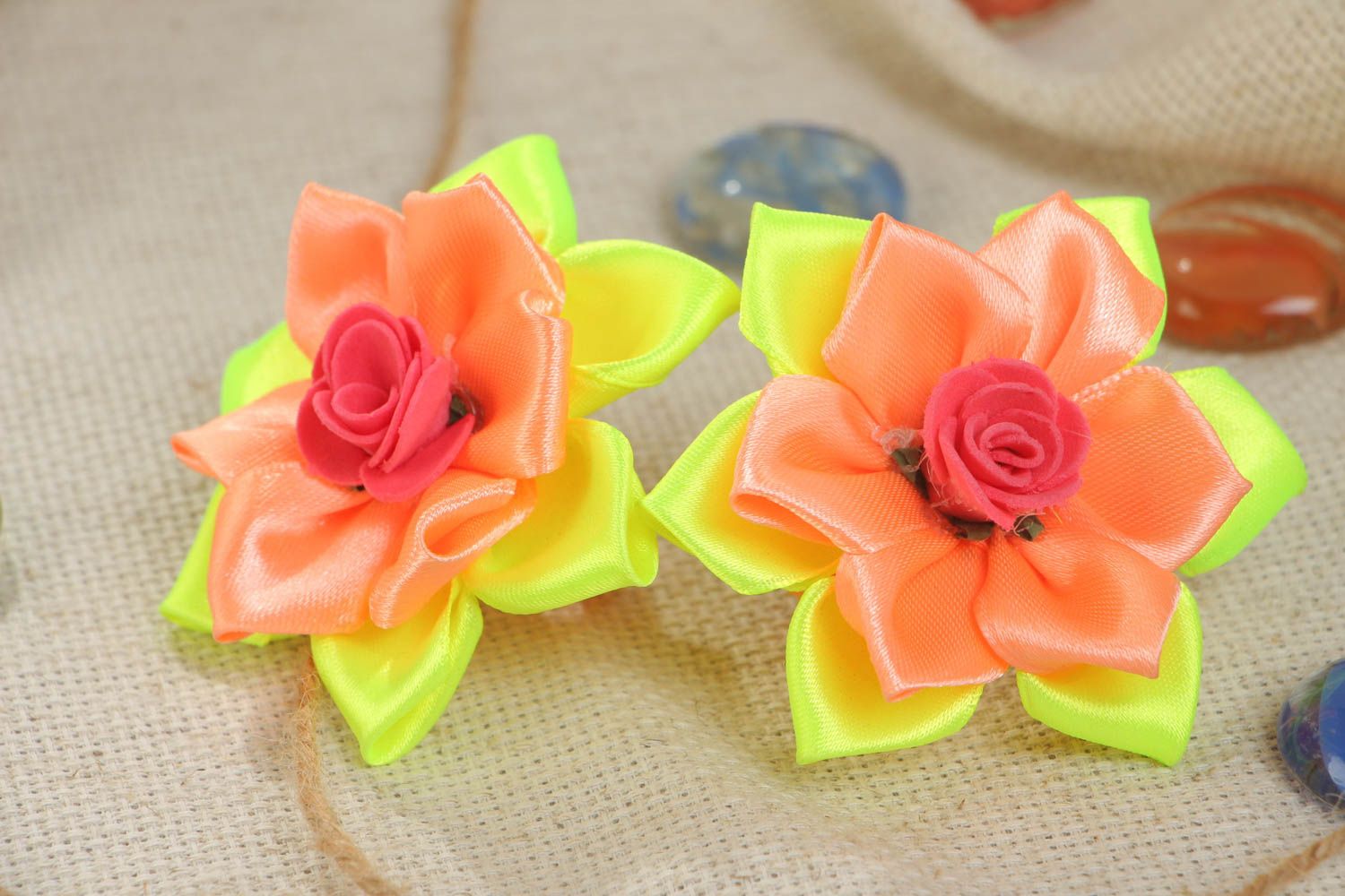 Handmade set of scrunchies satin ribbon hair accessories yellow-orange flowers 2 pieces photo 1