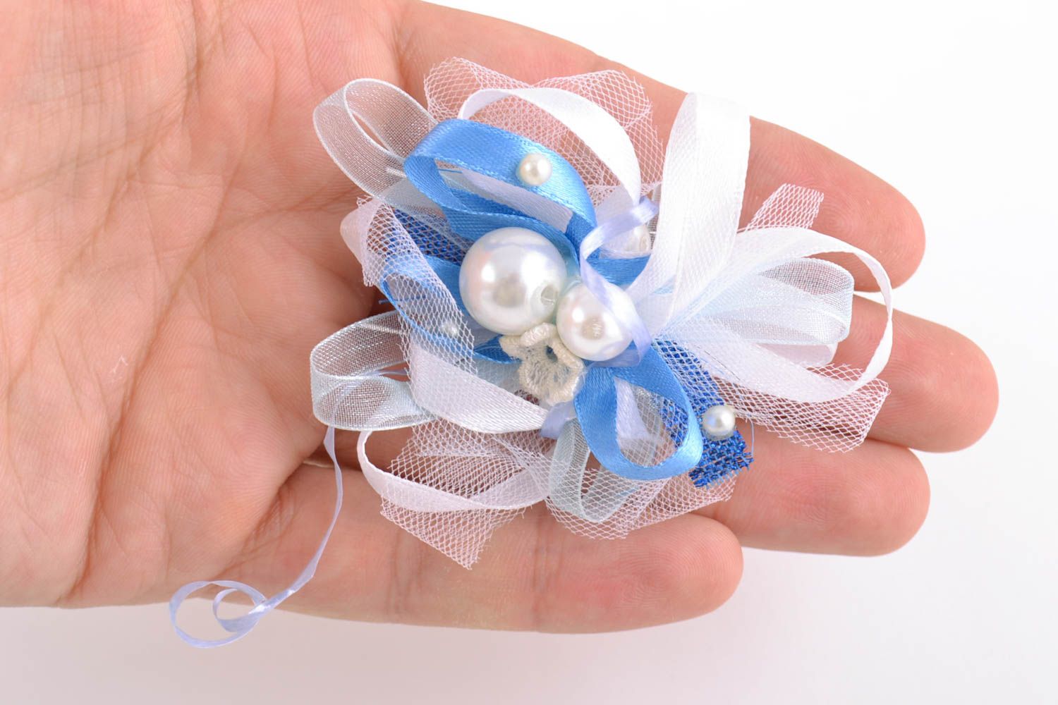 Gentle designer fabric blank for hair accessories and brooches blue and white  photo 2