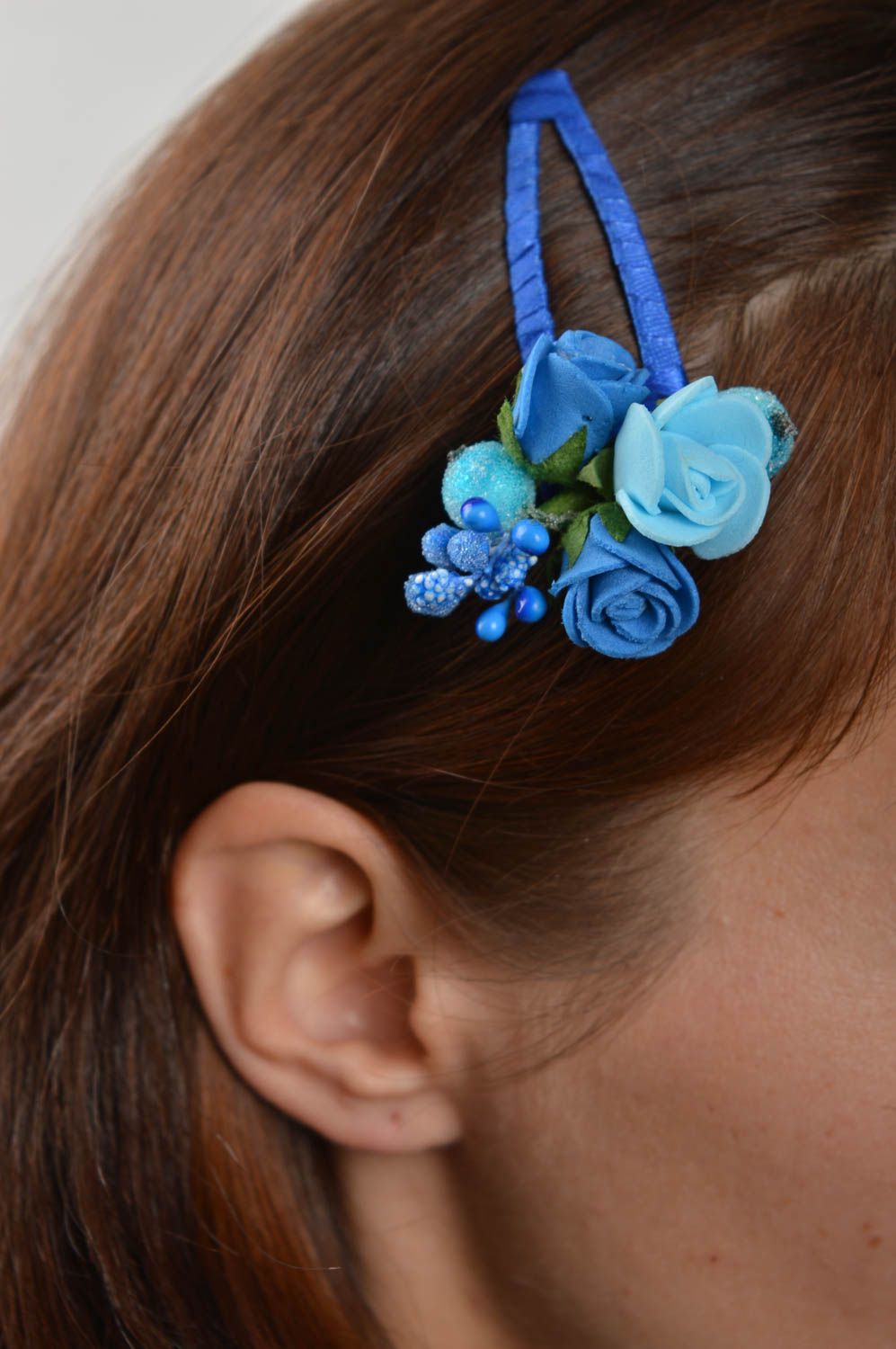 Аксессуар для волос украшение ручной работы заколка с цветами голубыми и синими фото 5