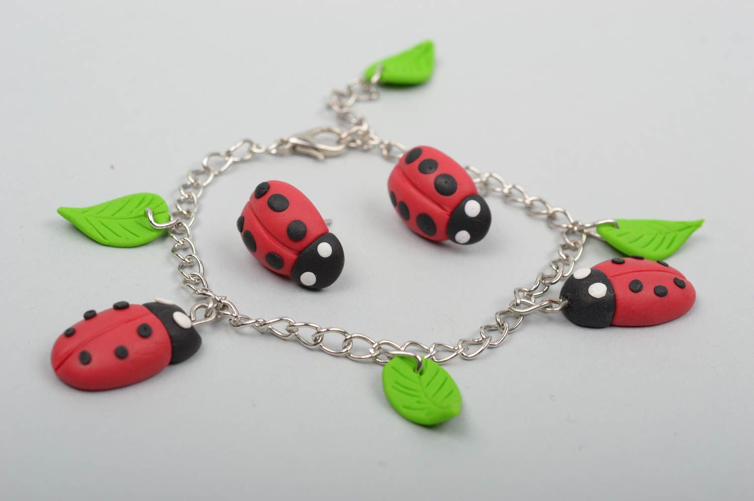 Ladybug stud earrings and chain charm bracelet for a girl photo 4
