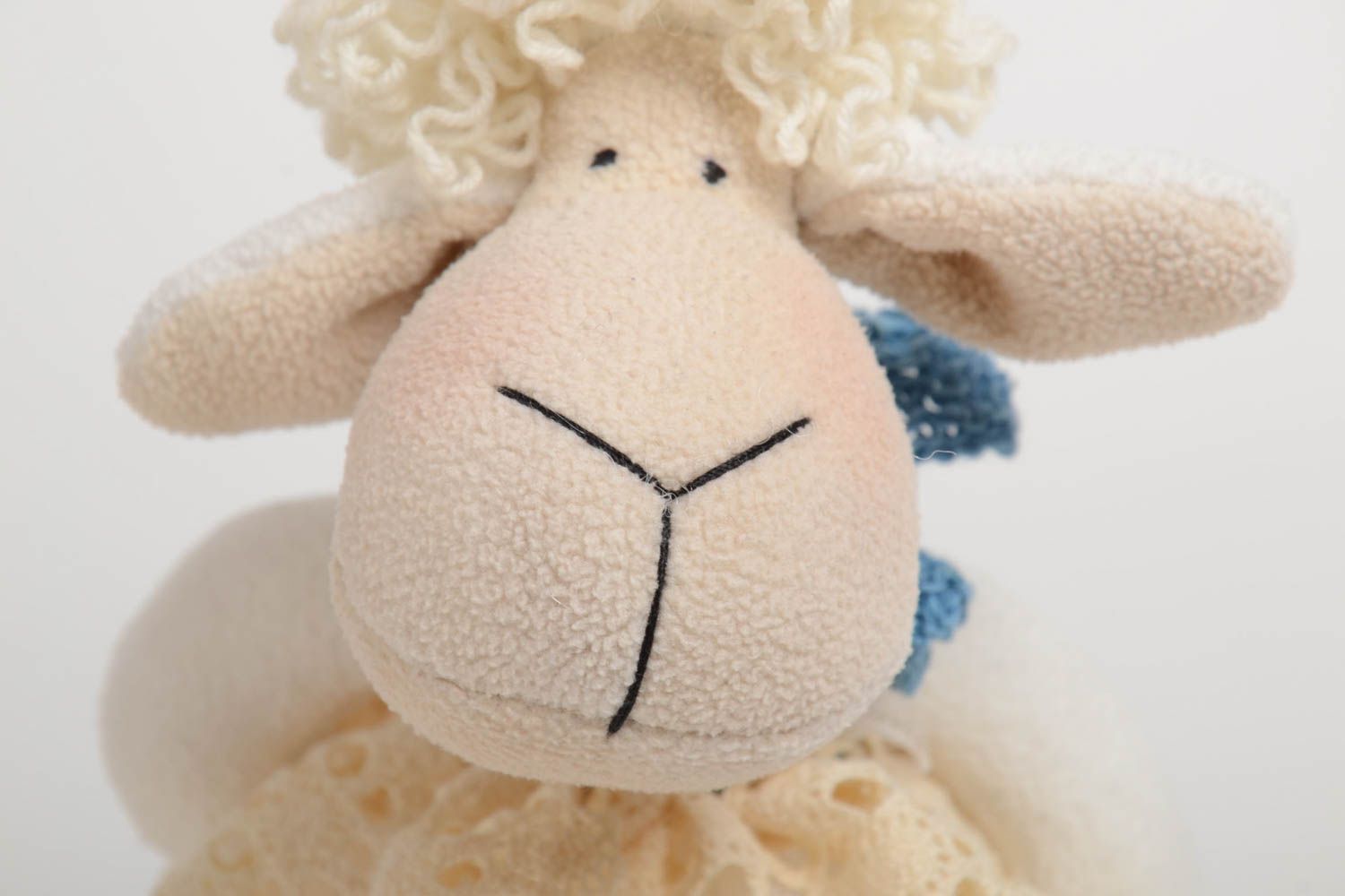 Decorative handmade soft toy sheep in dress made of natural fabrics for home photo 3