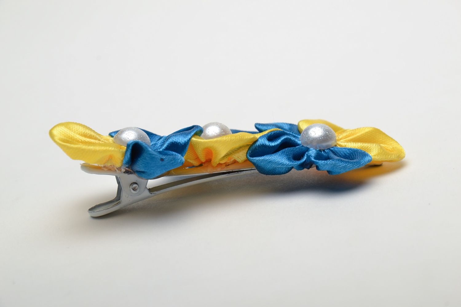 Barrette à cheveux fleurs en satin bleue et jaune originale faite main photo 3