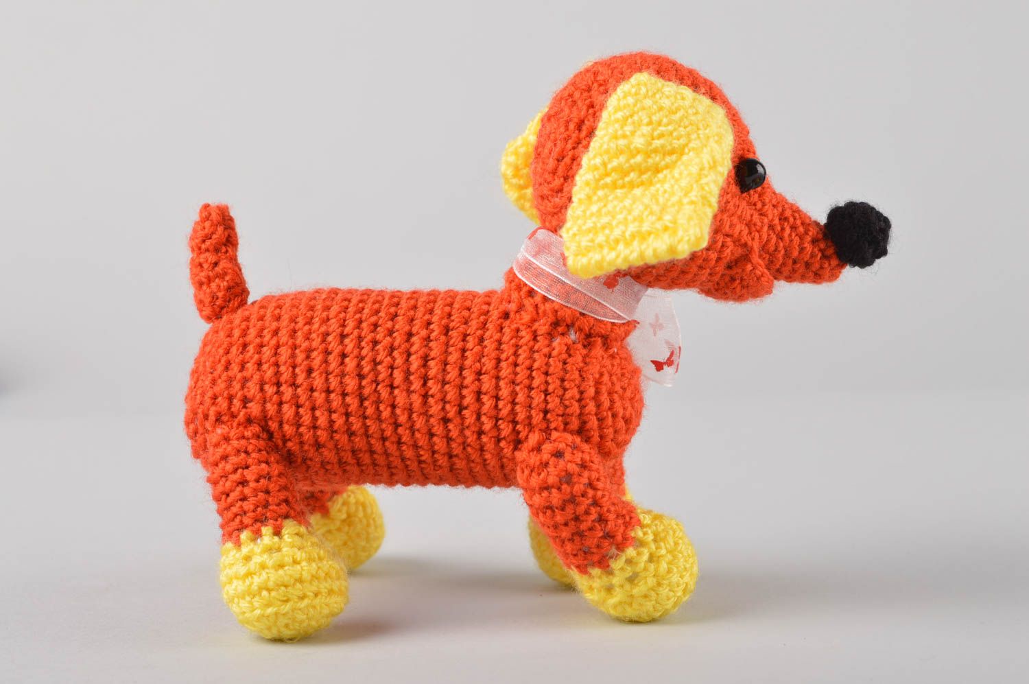 Jouet chien Peluche faite main tricotée au crochet jaune orange Cadeau enfant photo 5