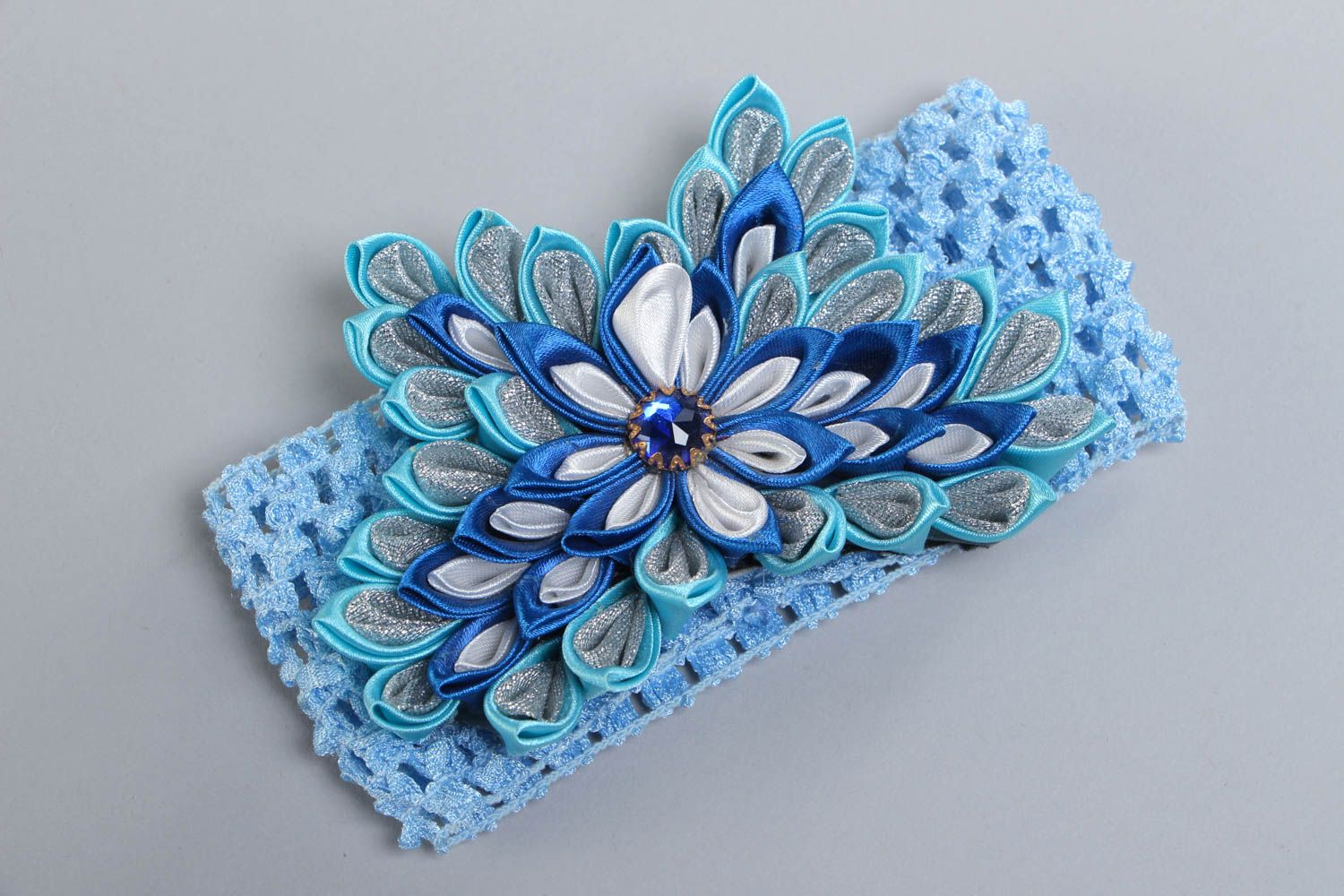 Handmade designer headband with stretch basis and volume blue kanzashi flower photo 2
