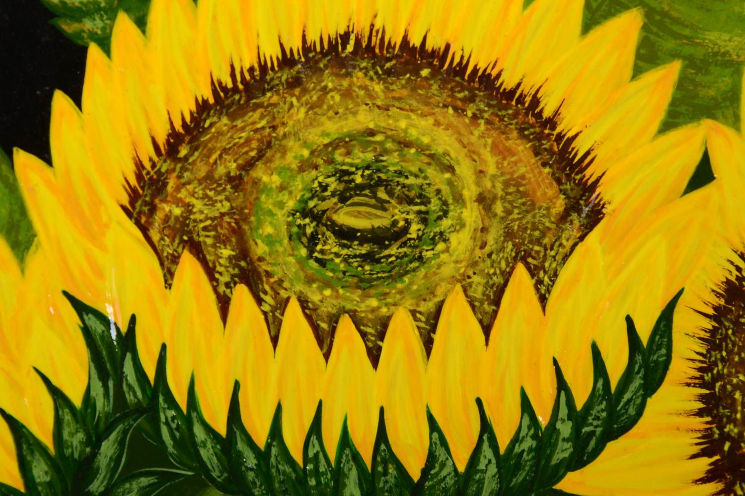 Homemade decorative dark wooden wall plate with painting Sunflowers photo 3