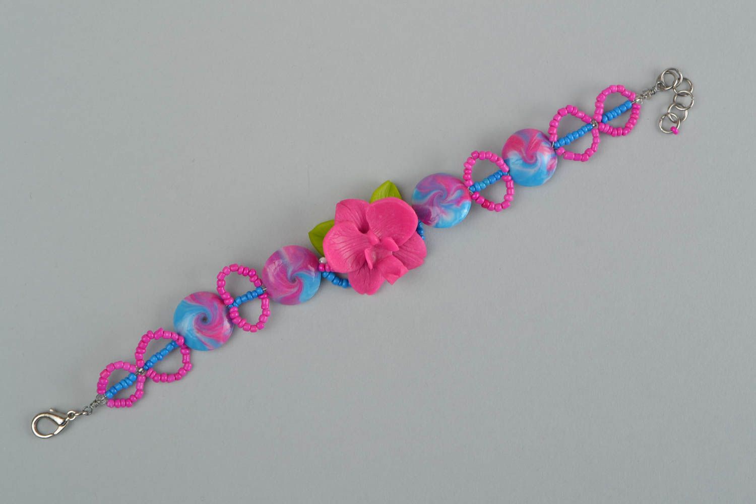 Unusual bright pink handmade designer polymer clay flower bracelet photo 4