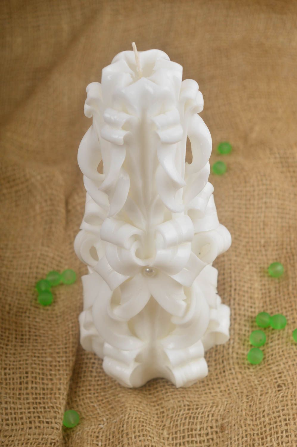White handmade wedding carved festive candle 8,6 inches, 1,08 lb photo 1