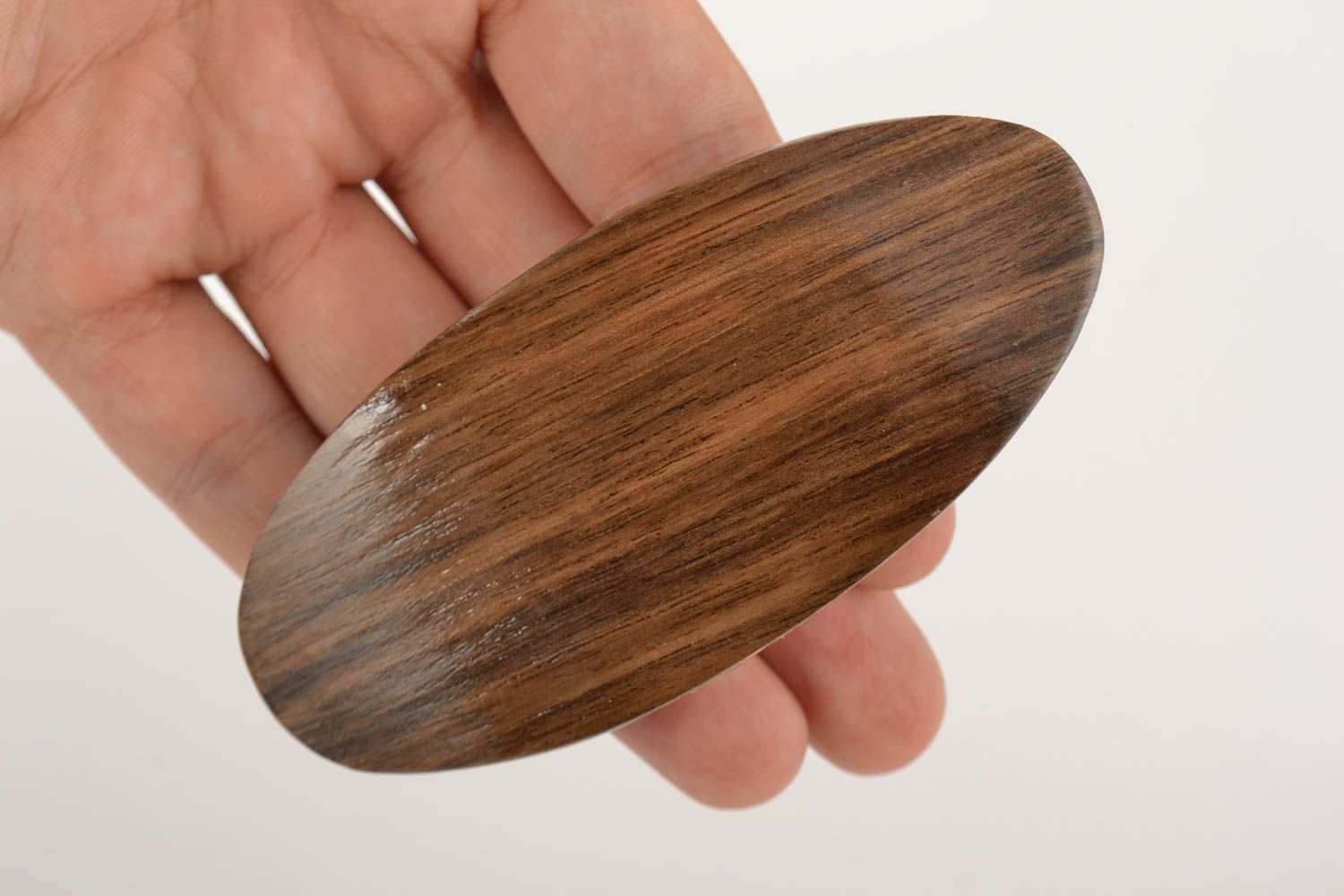 Cute hair jewelry Beautiful brown handmade wooden automatic barrette of oval shape photo 5