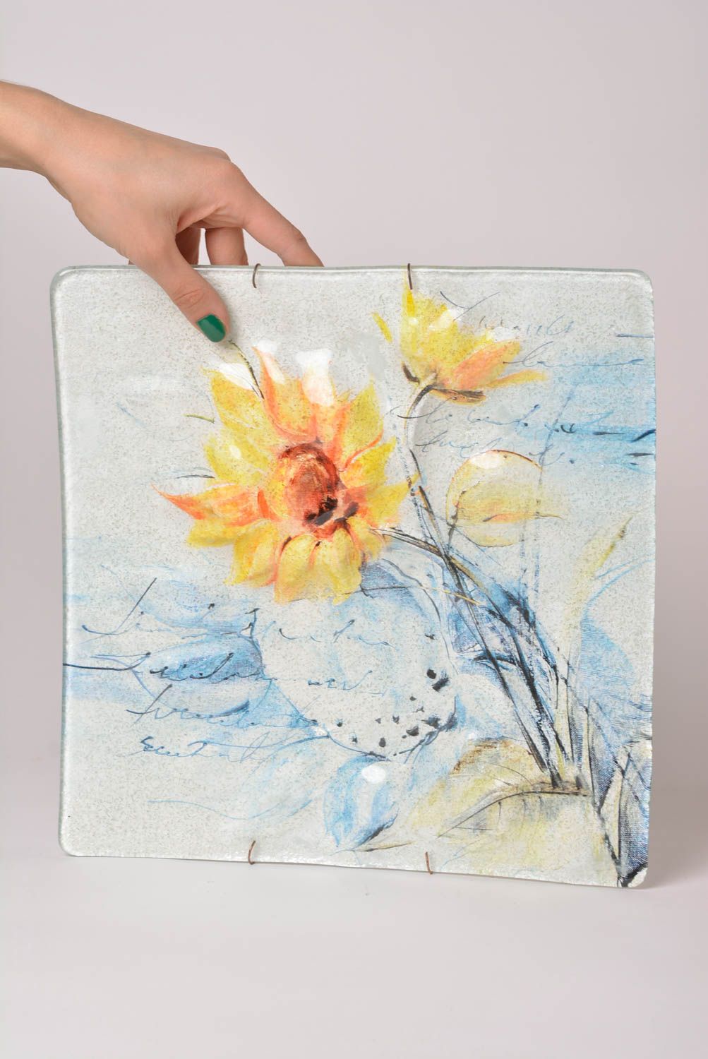 Deko Teller handgefertigt Wandbild Glas Geschenkidee für Frau Sonnenblumen foto 2