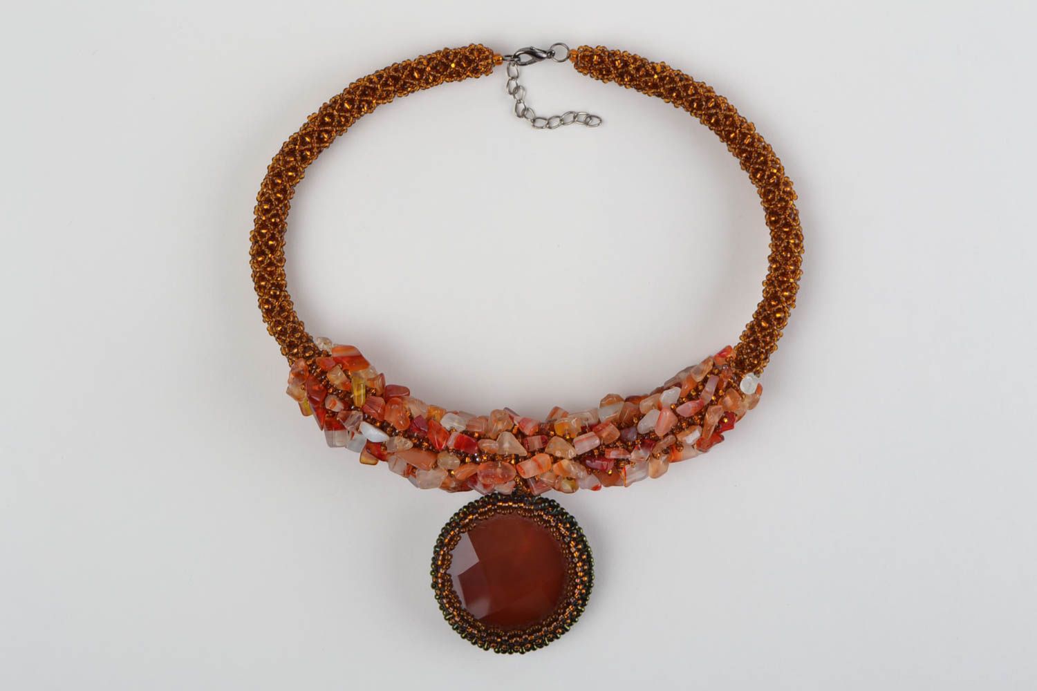 Handmade designer beaded necklace made of natural stones of amber color photo 4