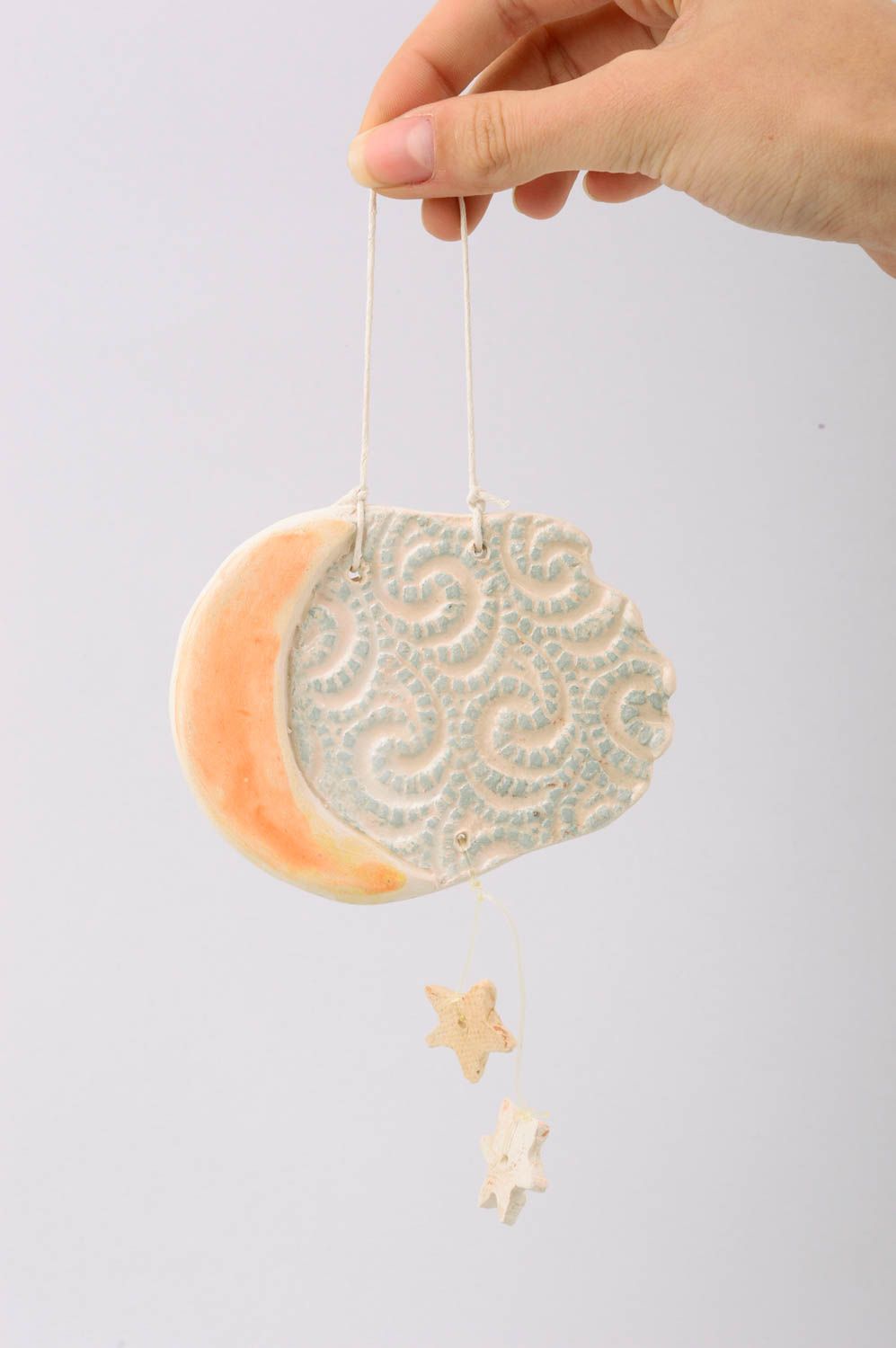Handmade Keramik Wandbild Deko zum Hängen Designer Geschenk Mond und Sterne foto 2