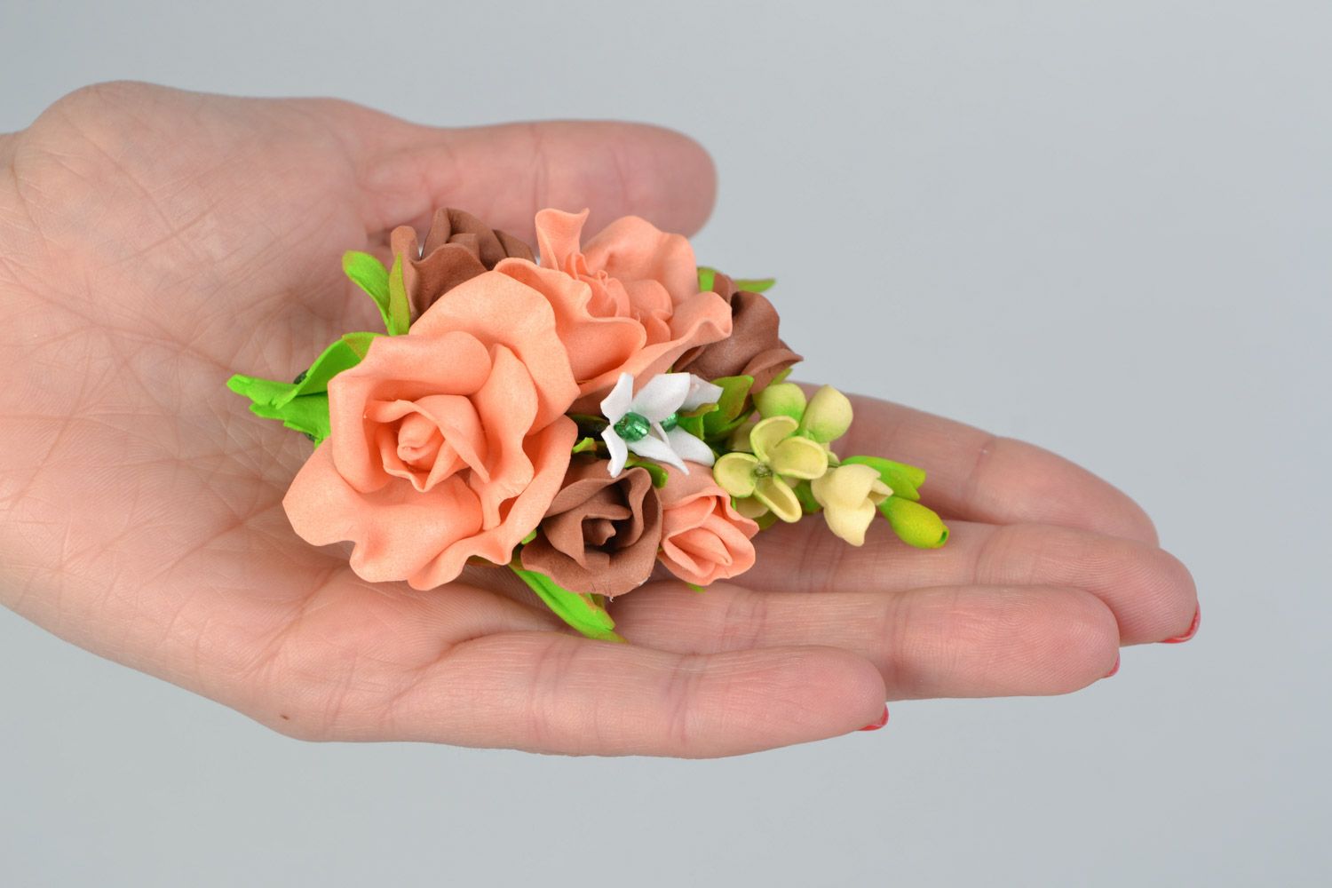Handmade flower wedding boutonniere hair clip brooch with coral foamiran roses photo 2