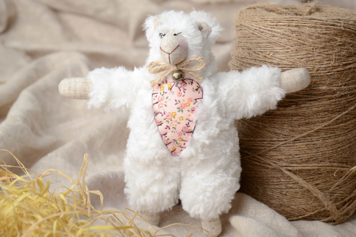Handmade designer fluffy soft toy lamb sewn of faux fur with heart and tiny bell photo 1