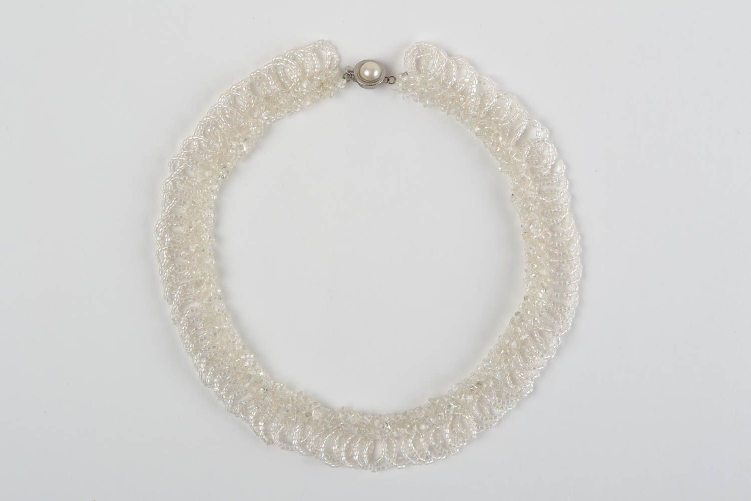 Unusual handmade designer white necklace woven of Czech beads   photo 2