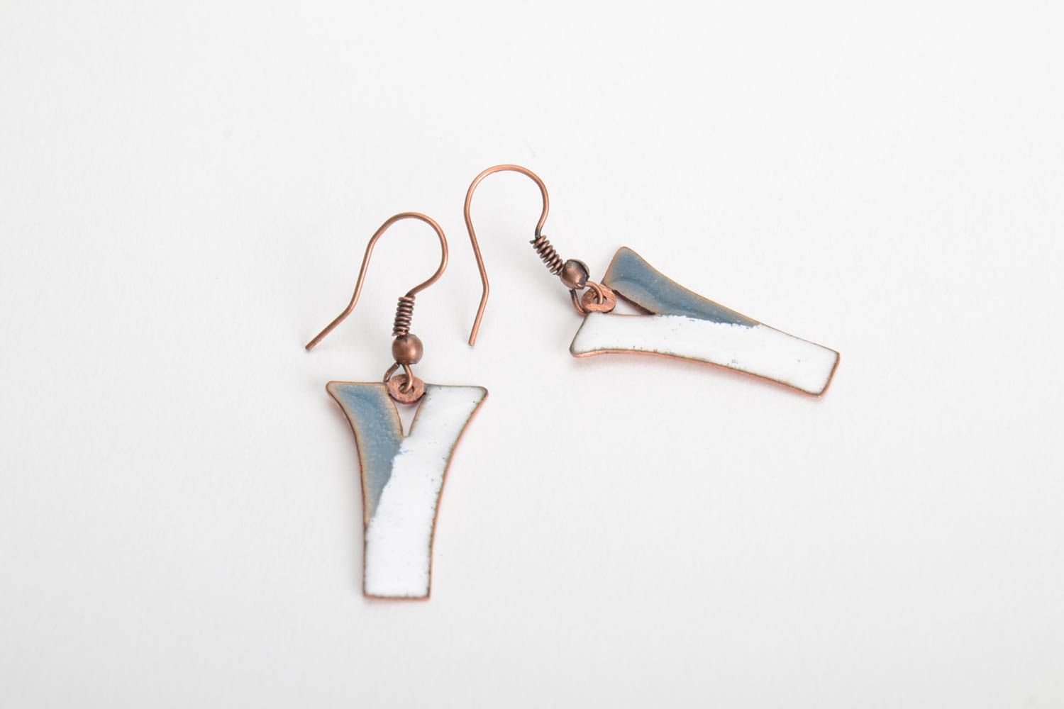 Handmade copper fancy earrings blue with white with hot enamel painting photo 4