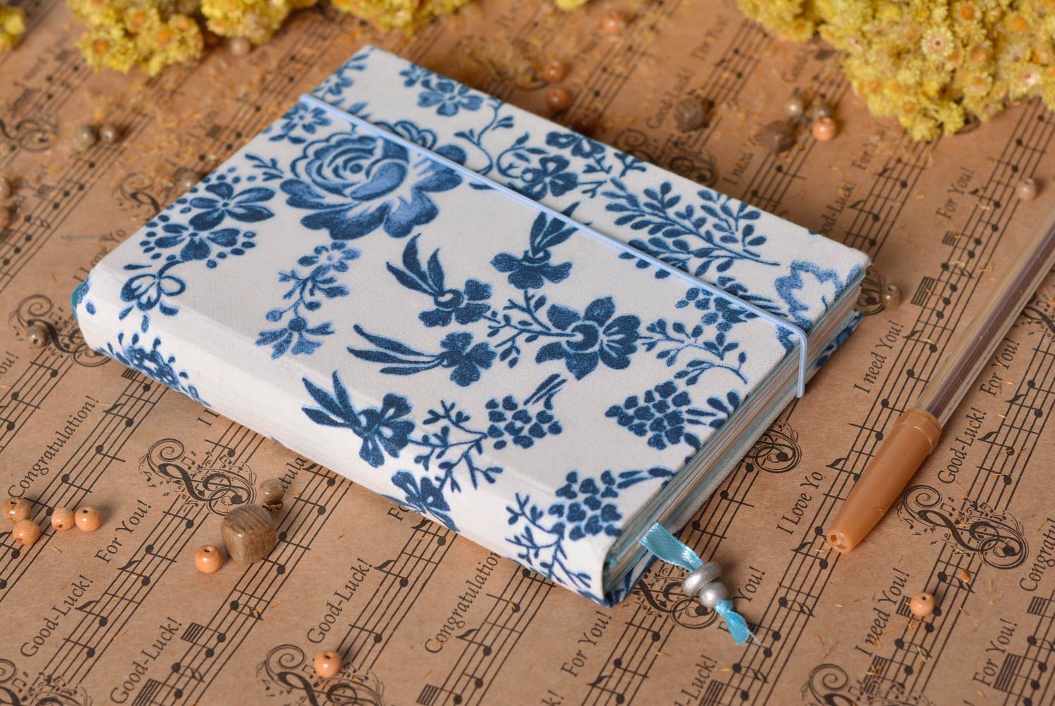 Carnet de notes design Agenda fait main motif floral bleu blanc Cadeau femme photo 1