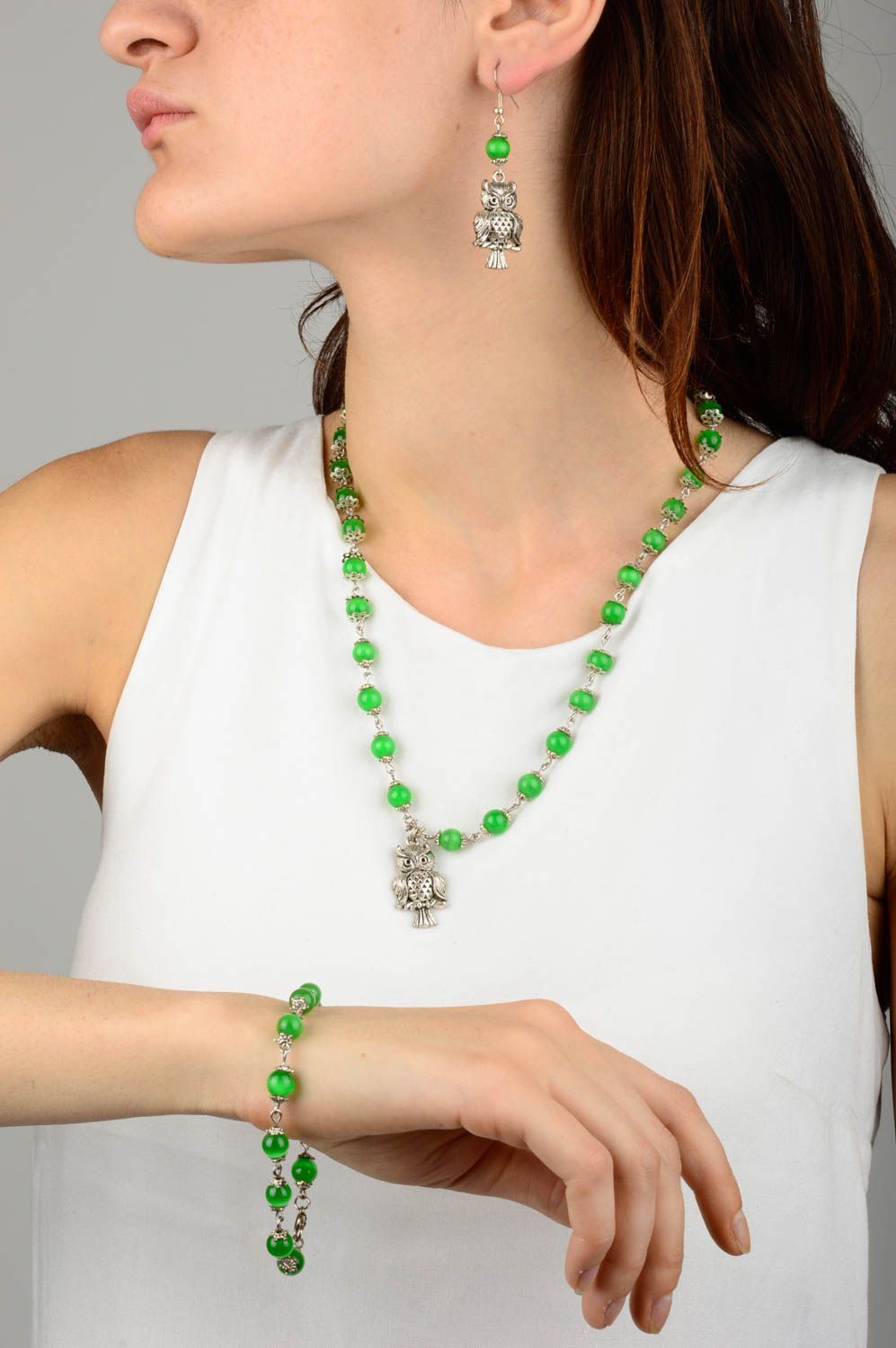 Ensemble bijoux vert Collier fait main Boucles Bracelet Accessoires mode photo 5