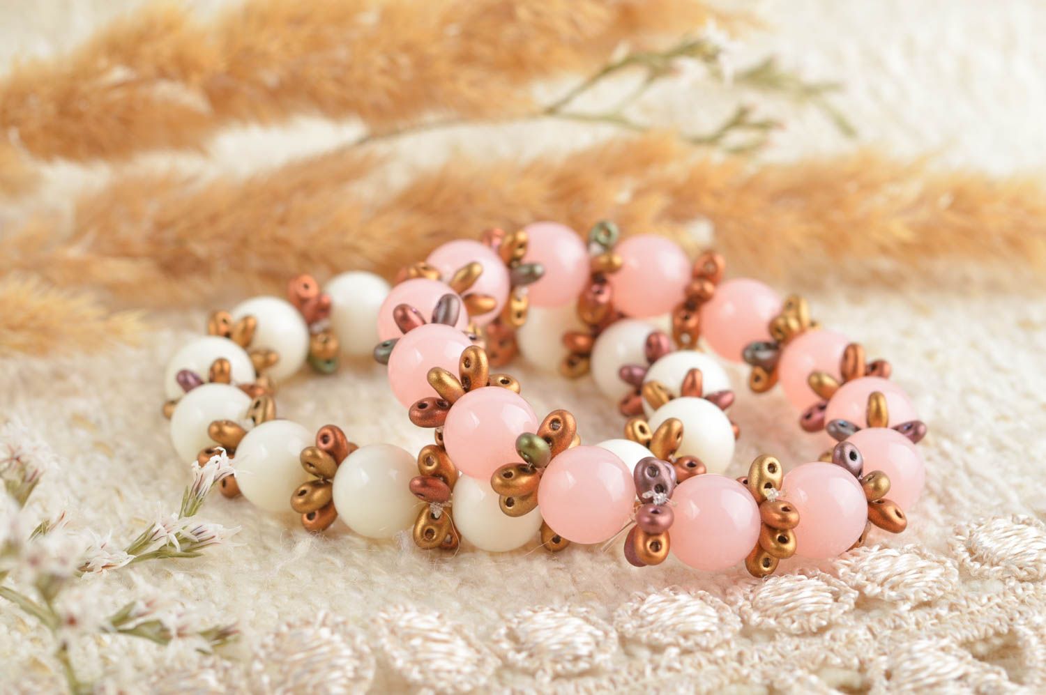 Pink and white handmade two-row beaded bracelet on elastic cord for women and girls photo 1