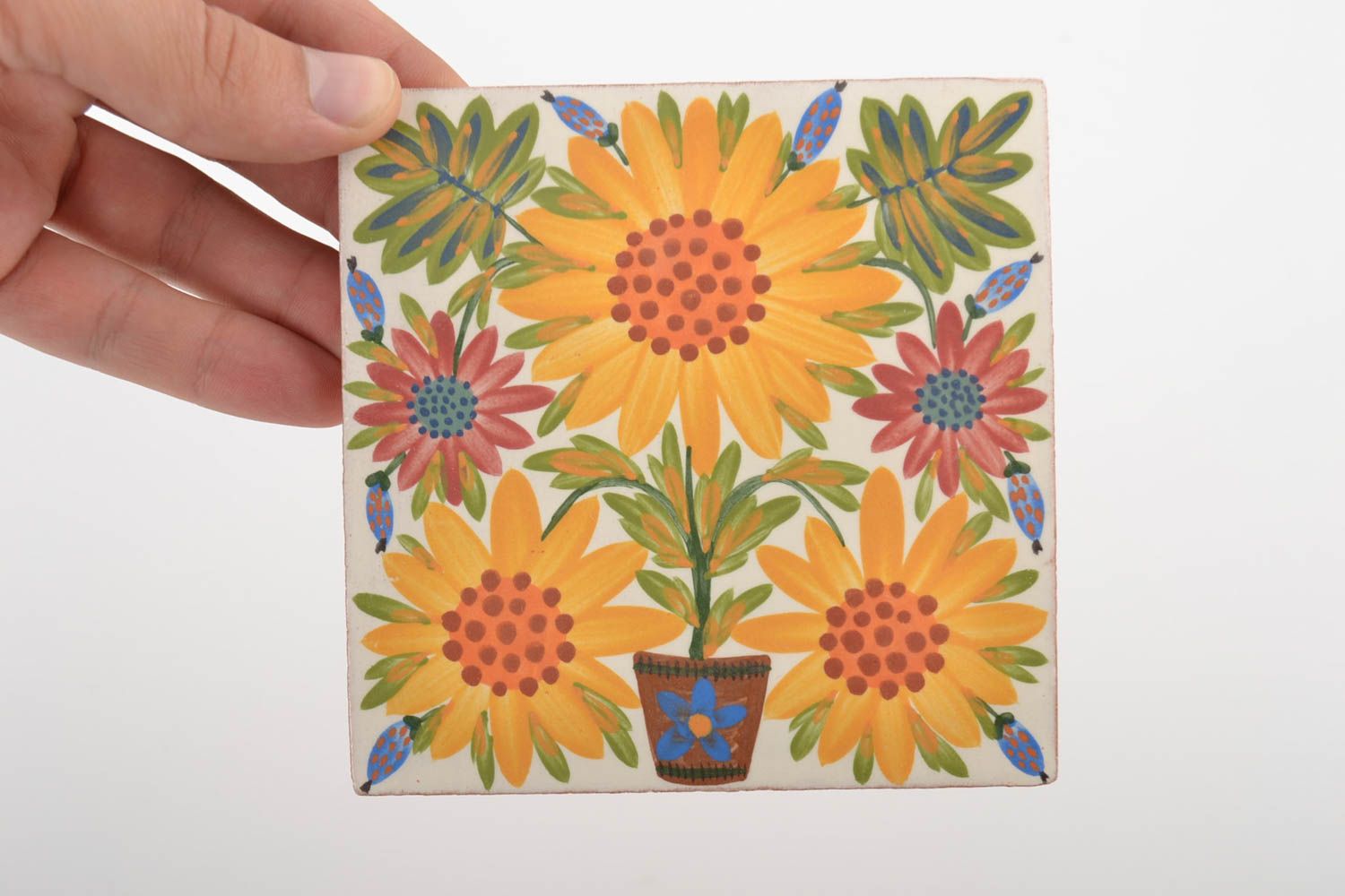 Handmade dekorative Wandplatte aus Ton mit Blumenmuster originell Sonnenblumen foto 2