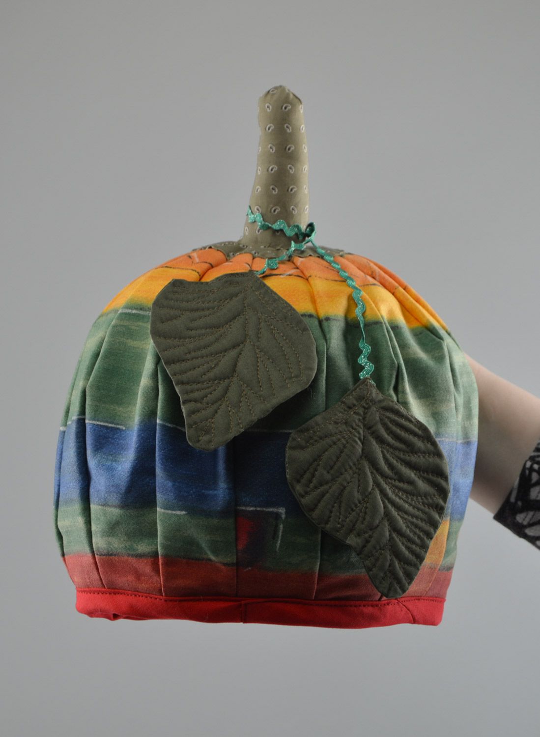Handmade warm teapot cozy sewn of cotton in the shape of colorful pumpkin photo 2
