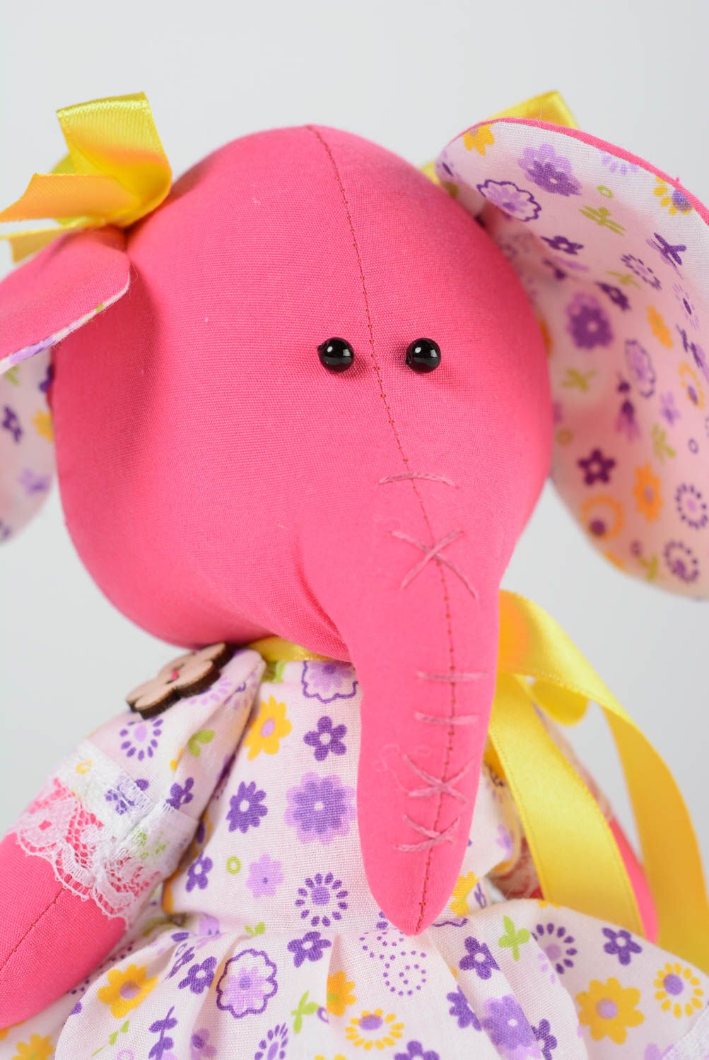 Handmade cotton soft toy pink elephant in floral dress with yellow ribbons photo 3
