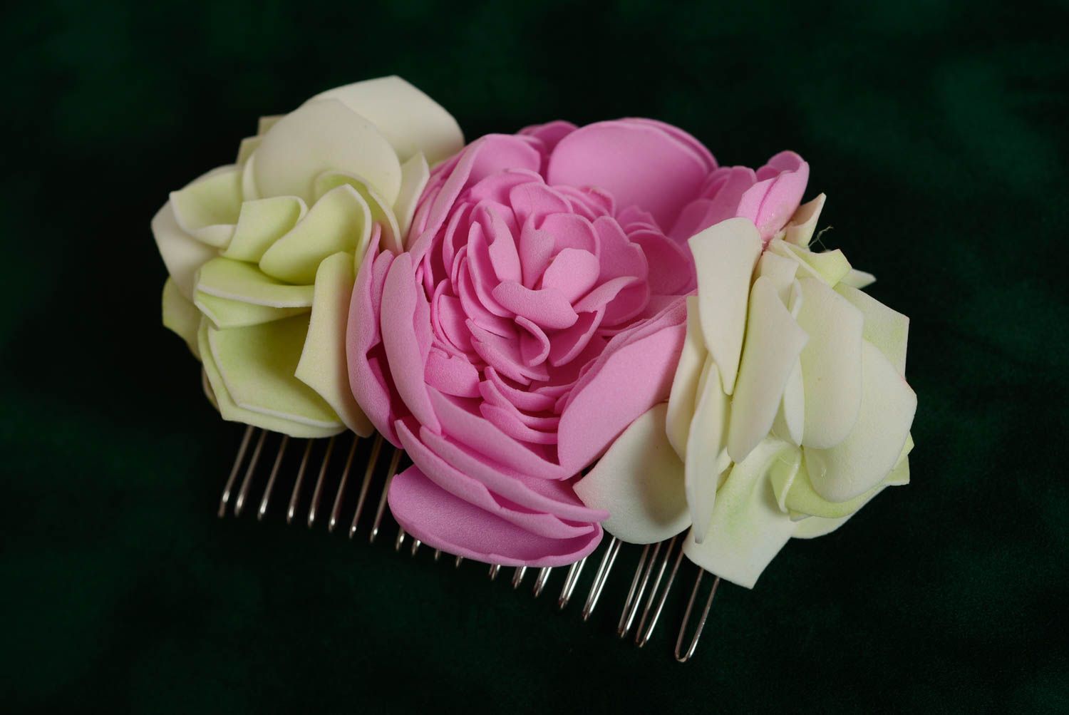 Comb for hair with foamiran flowers beautiful handmade designer accessory photo 5