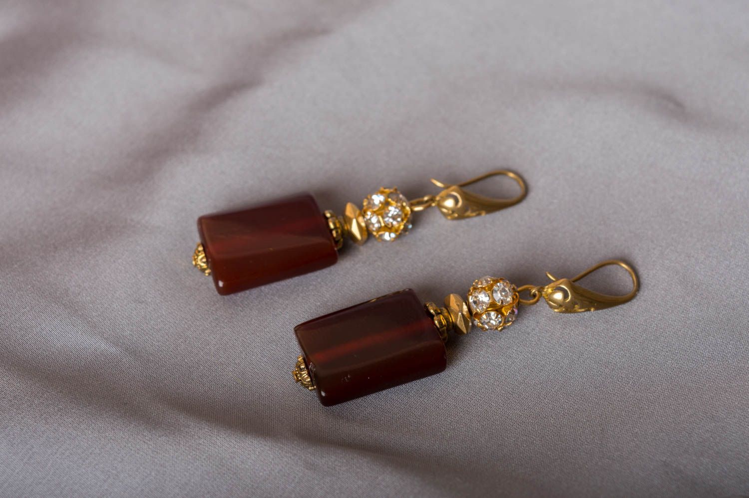 Beautiful handmade designer dark red earrings with natural agate stones photo 1