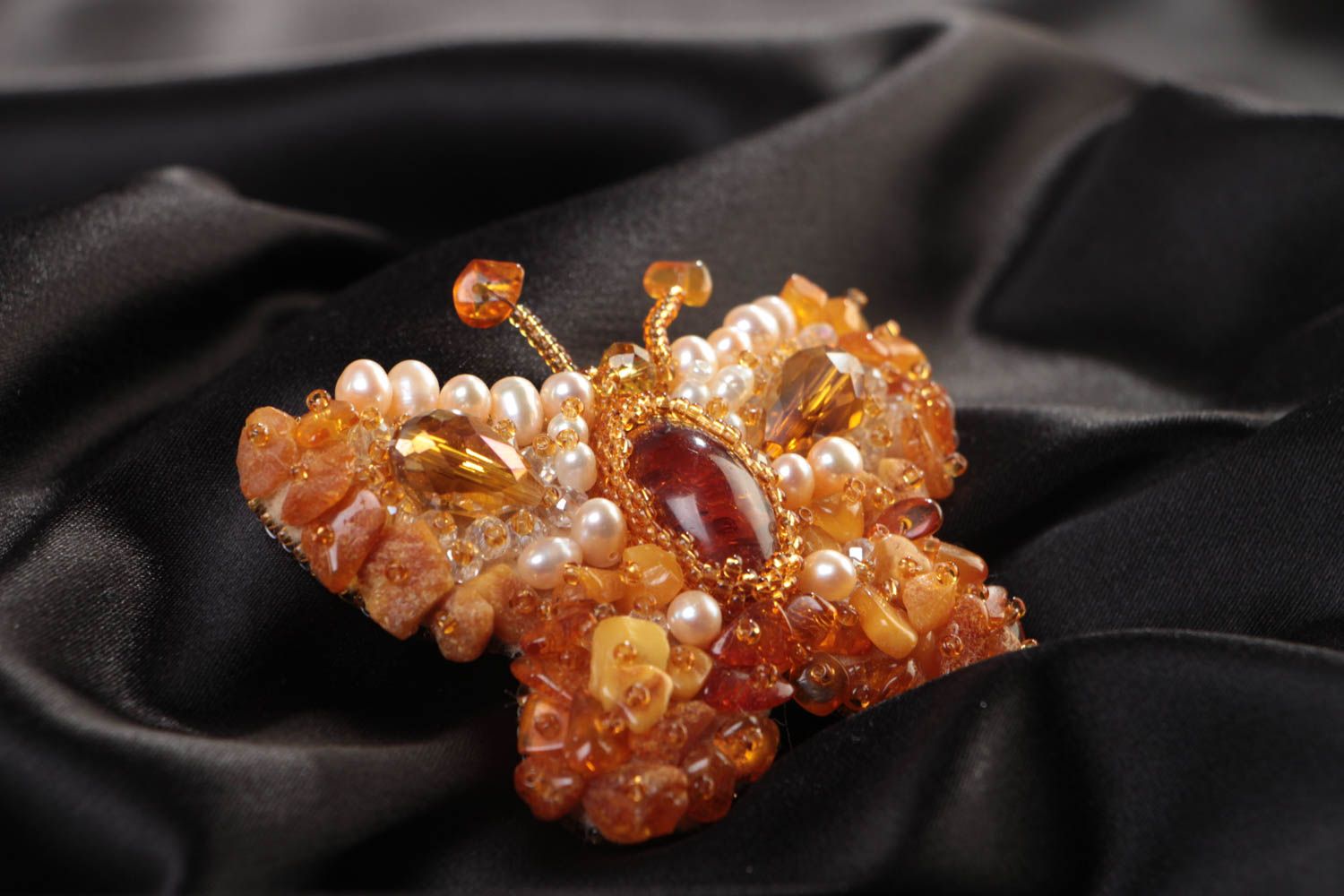Large beautiful handmade brooch with bead embroidery and natural amber stone photo 1
