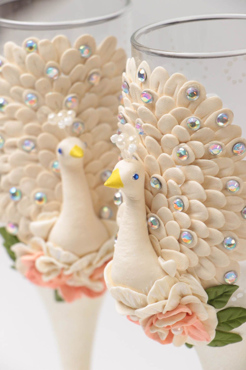 Handmade designer decorative wedding glasses white peacocks set of 2 items photo 3