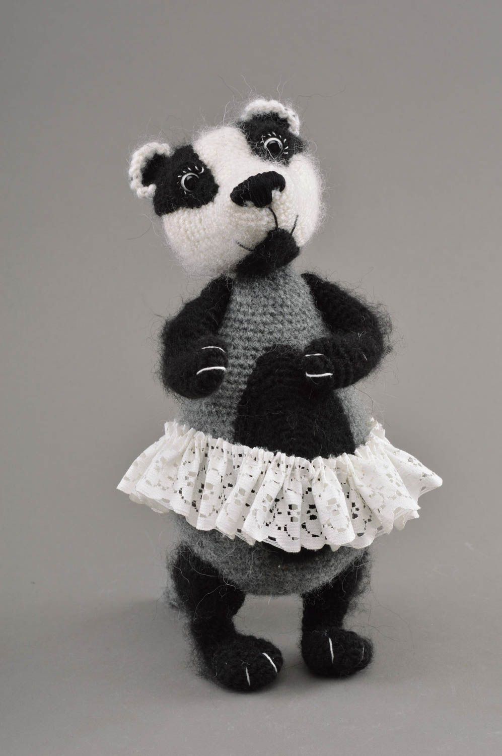 Unusual children's handmade beautiful crochet soft toy Badger in tutu skirt photo 1