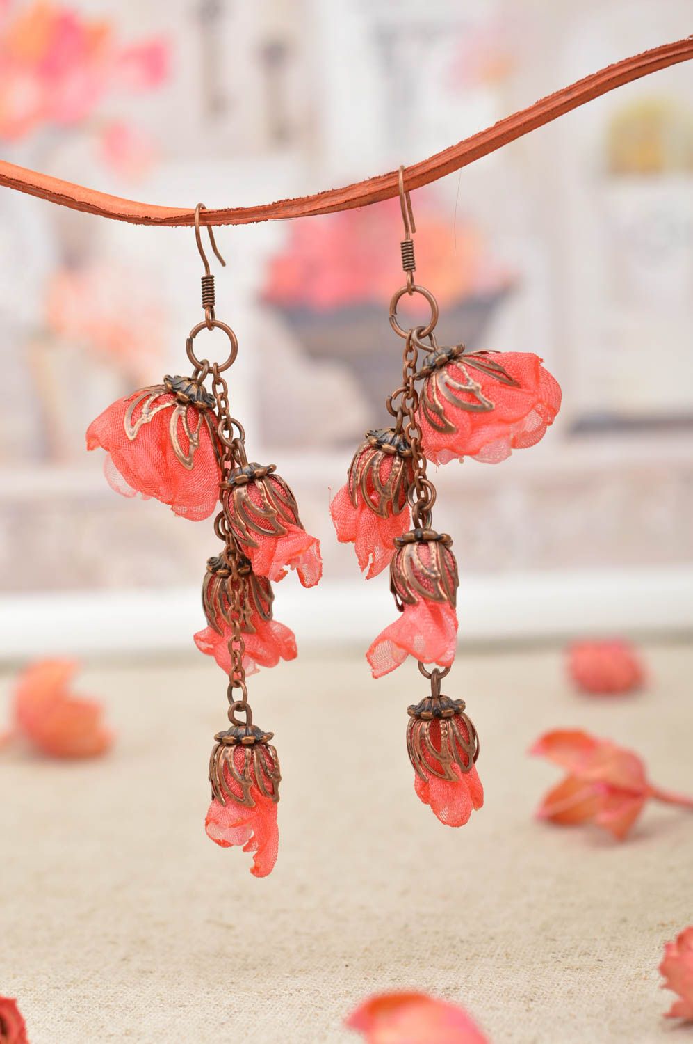 Handmade unusual long earrings flower textile accessory beautiful earrings photo 1