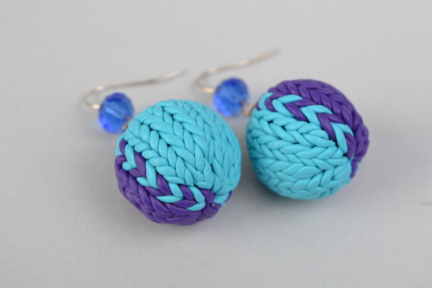 Handmade polymer clay earrings with dangling balls of blue and lilac colors photo 5