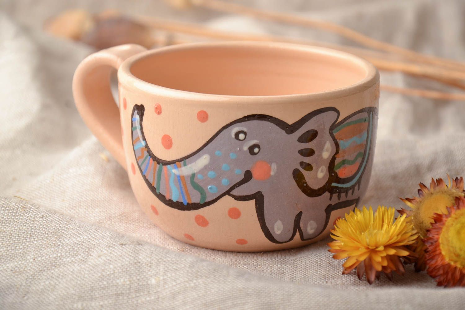 Clay tea cup with elephant pattern and handle. Great gift for a child photo 1