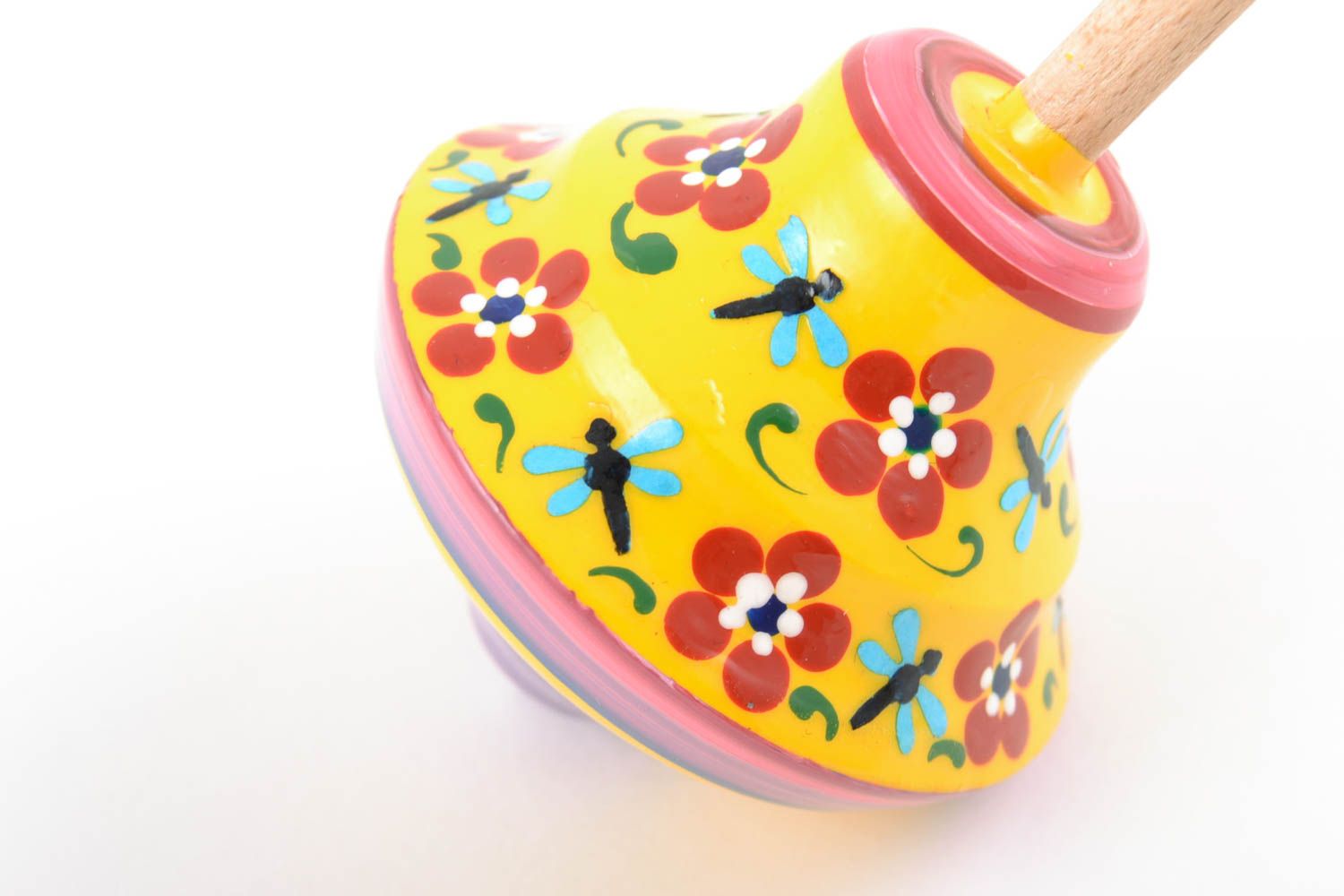 Small painted yellow handmade wooden toy spinning top for children photo 5