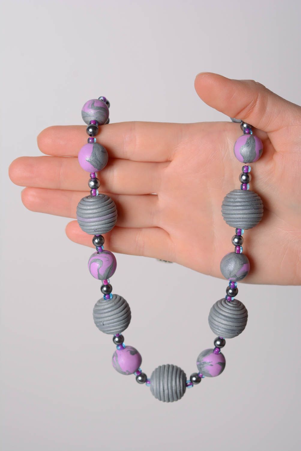 Handmade laconic gray and lilac polymer clay bead necklace with seed beads  photo 4