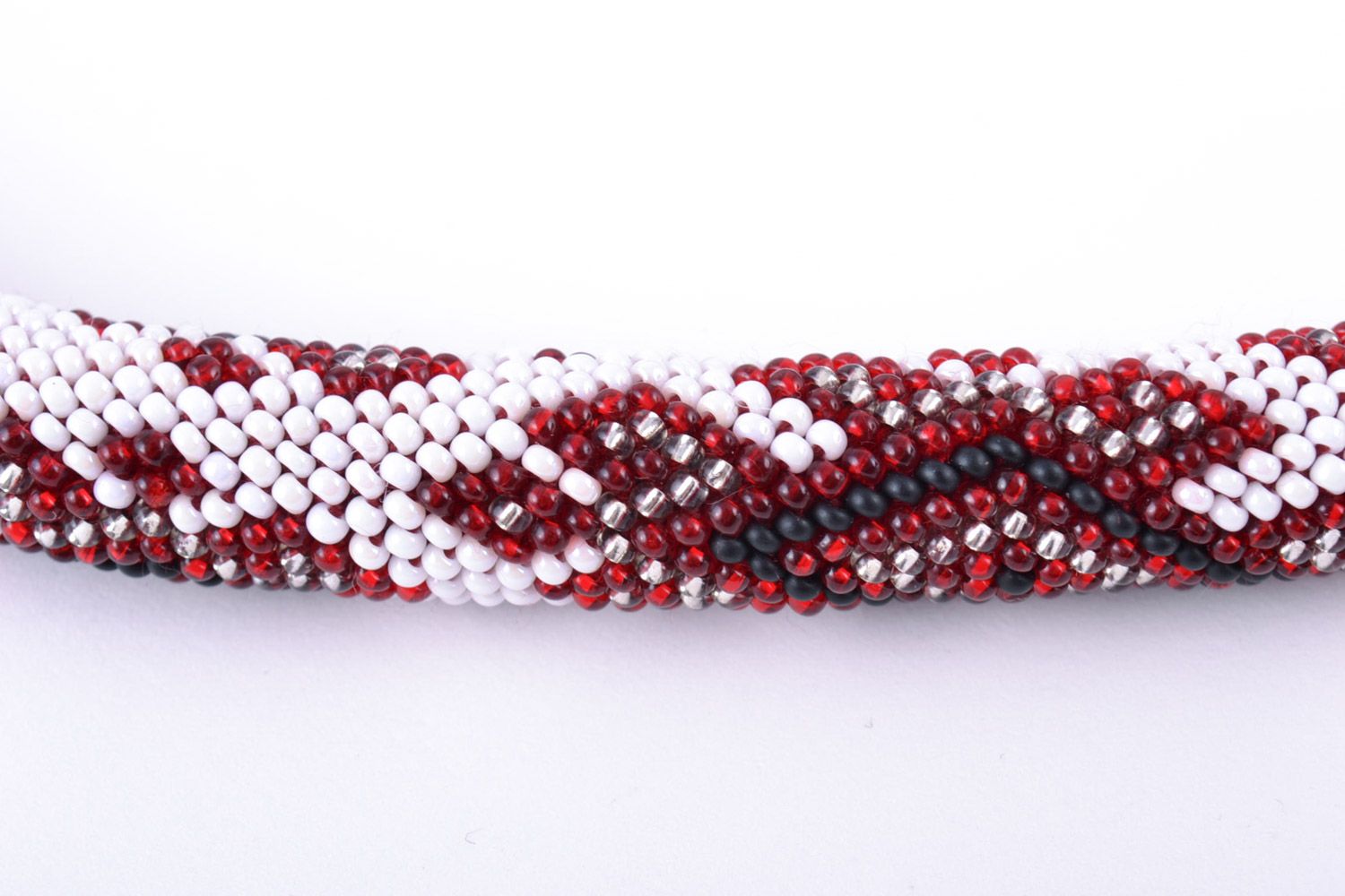 Handmade white beaded cord necklace with red patterns in ethnic style photo 3