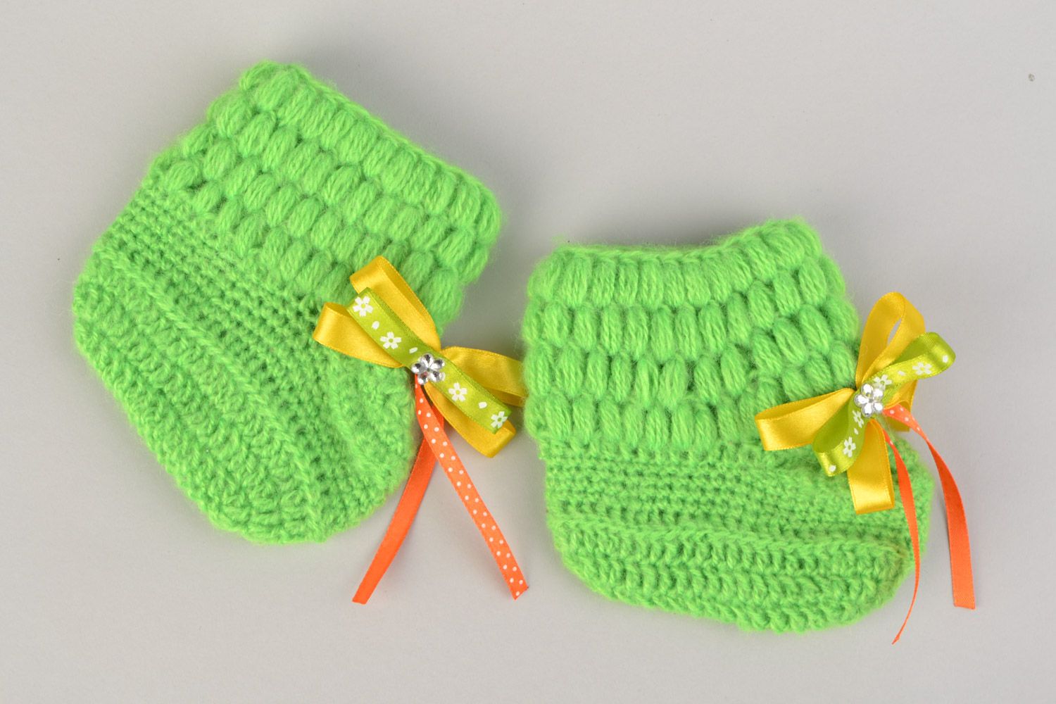 Light green hand-crocheted beautiful baby booties made of angora threads with bows photo 3