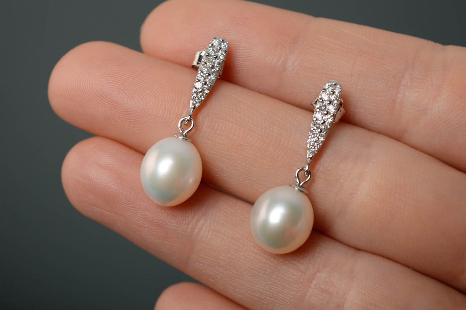 Silver earrings with pearl and zirconium photo 4