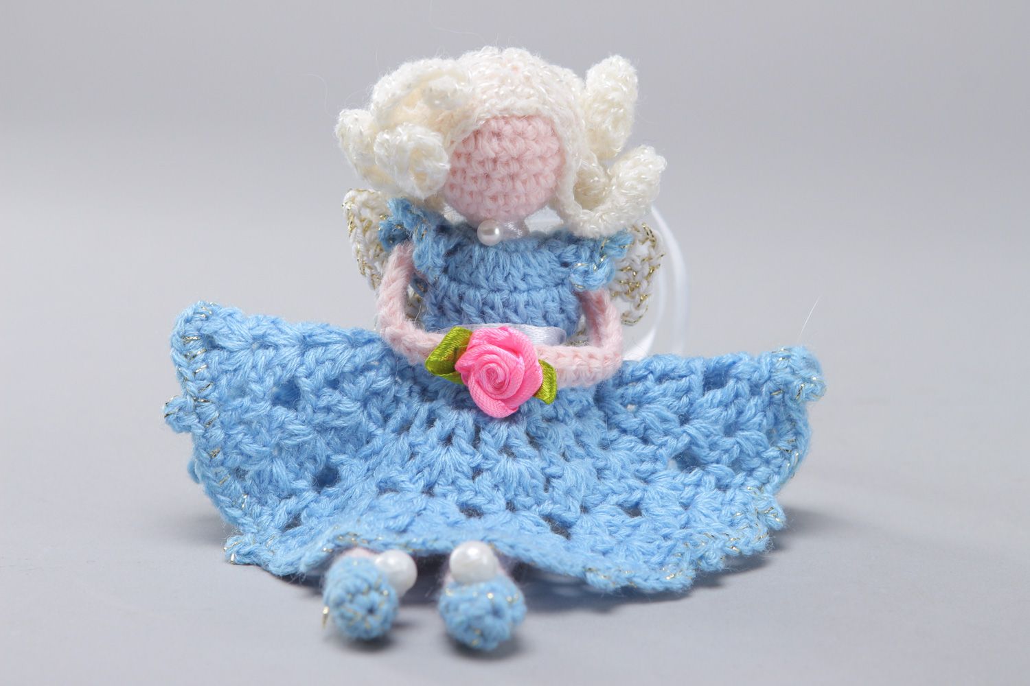 Small handmade soft toy crocheted of cotton and acrylics Girl in blue dress photo 1