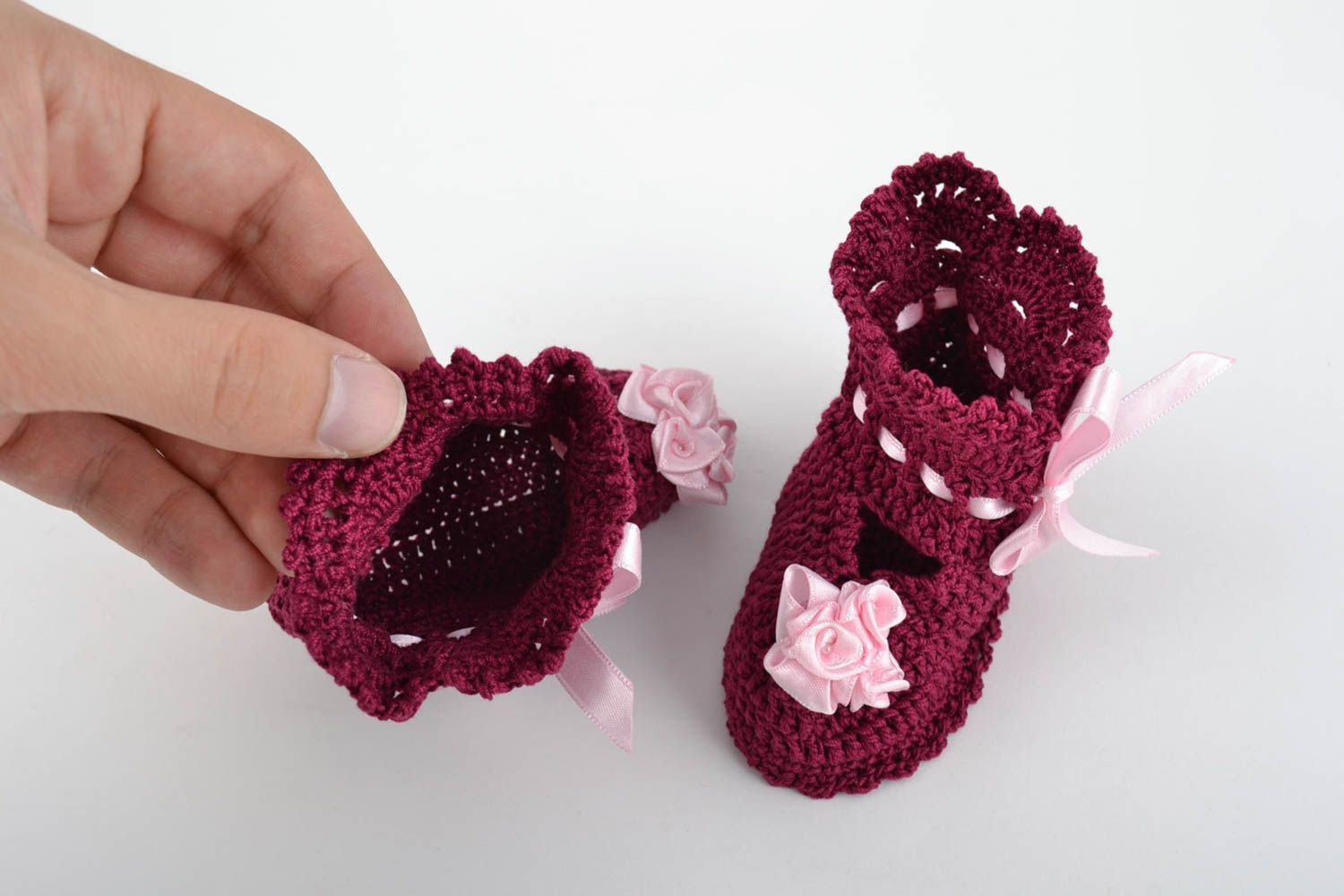 Handmade crocheted lacy baby booties of purple color with pink satin ribbons photo 5